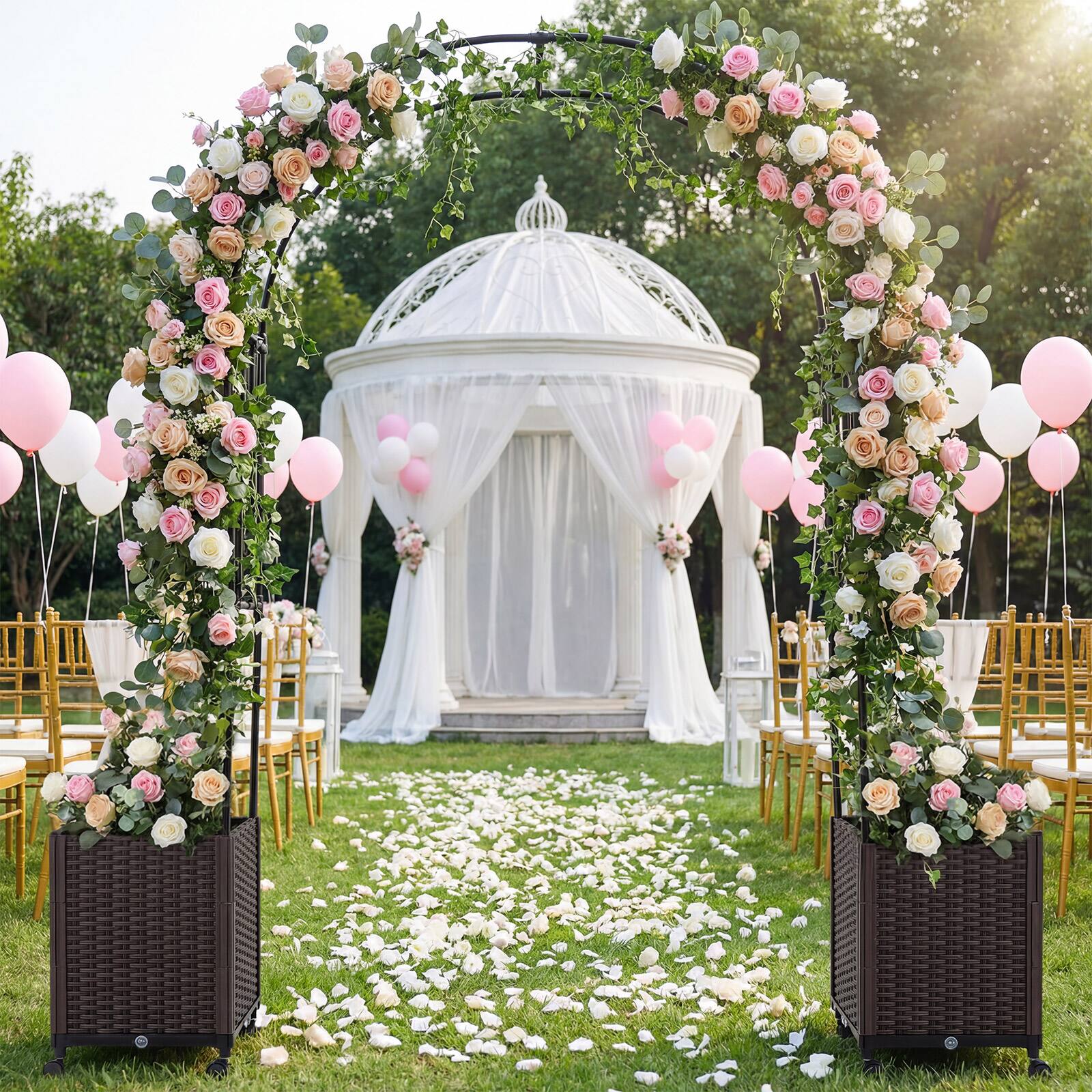 Alt View 1. Costway - Costway Garden Arch Trellis with 2 Self-watering Planter Boxes, Lockable Wheels for Plants - Black,Brown.