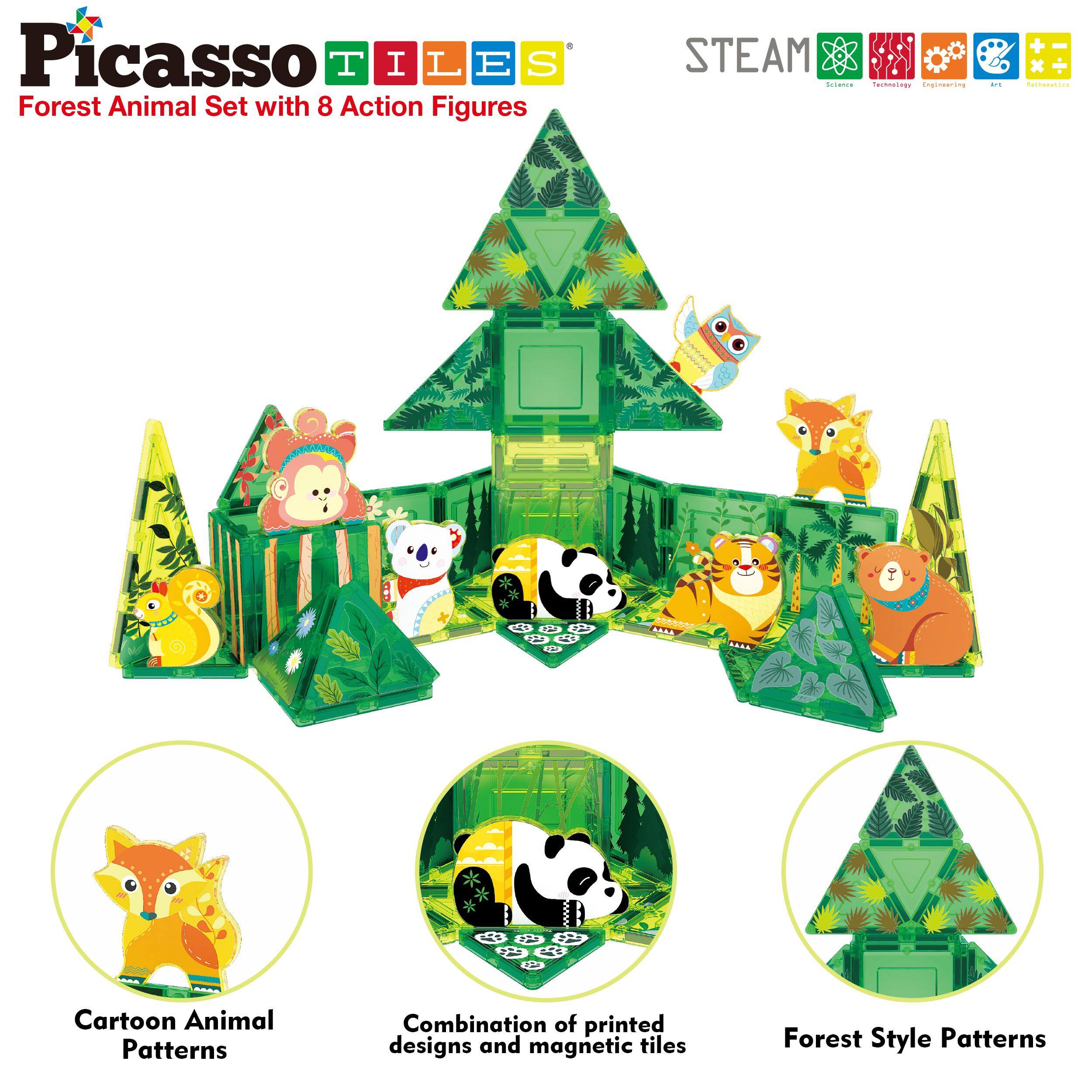Picasso TILES  
Forest Animal Set with 8 Action Figures  

STEAM  
Science, Technology, Engineering, Art, Mathematics  

Cartoon Animal Patterns  
Combination of printed designs and magnetic tiles  
Forest Style Patterns