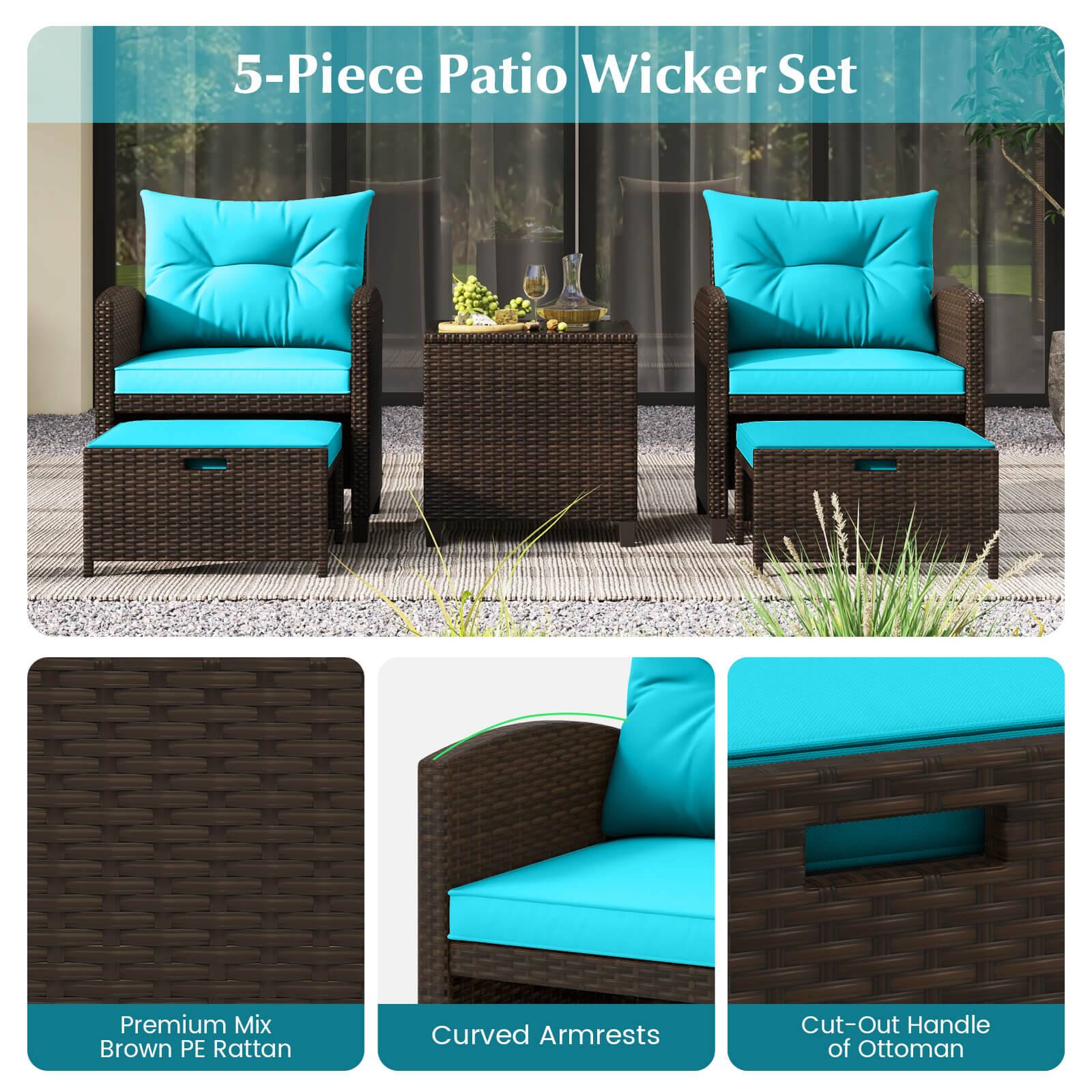 5-Piece Patio Wicker Set

Premium Mix Brown PE Rattan

Curved Armrests

Cut-Out Handle of Ottoman