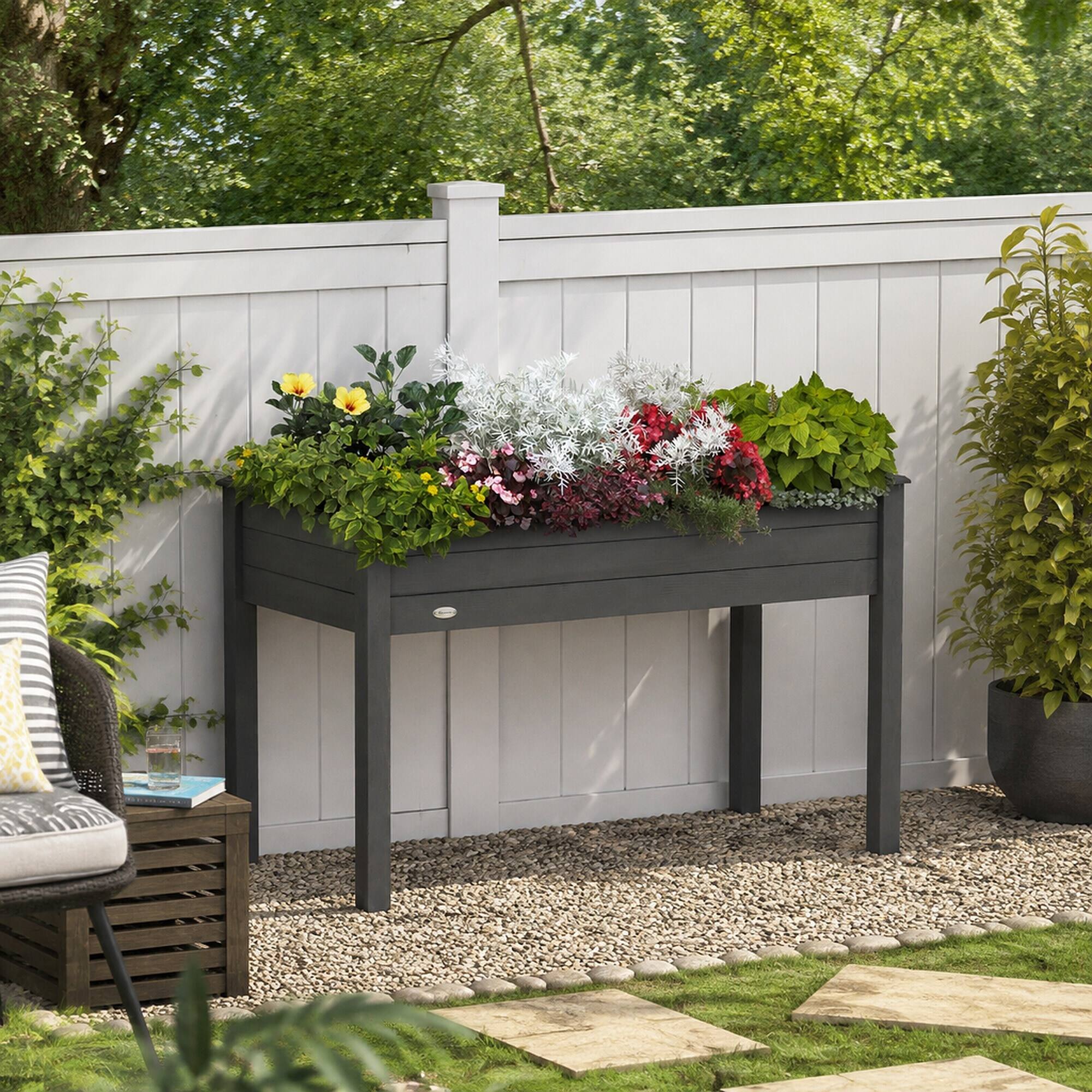 Back. RYHNUYNE - Outsunny Raised Garden Bed with Legs, 48" x 22" x 30" Elevated Wooden Planter Box, Self-Draining with Bed Liner - Gray.