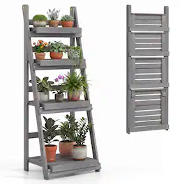 Costway - 4-Tier Plant Stand Foldable Ladder Plant Shelf with Slatted Shelves, Fir Wood Frame - Gray