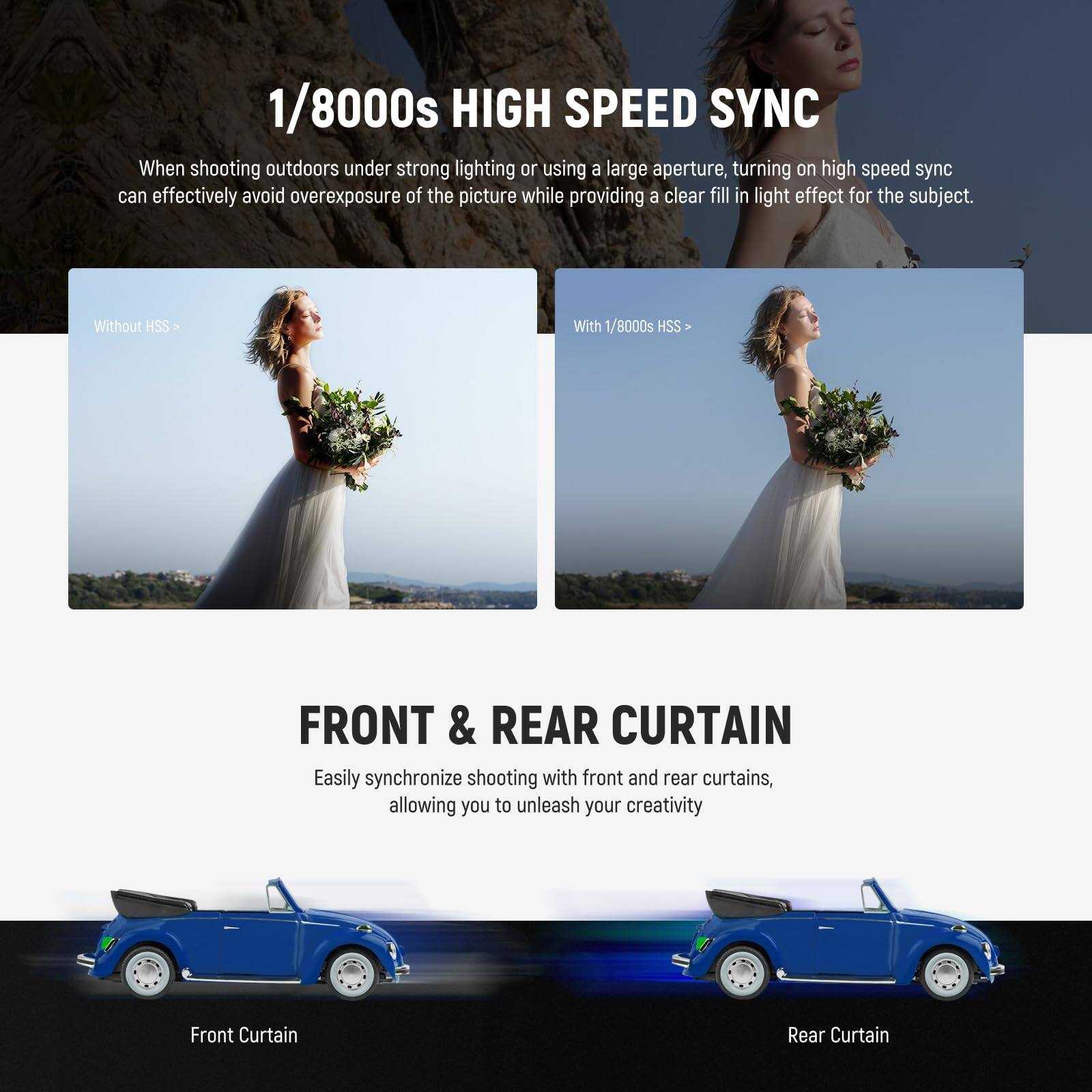 1/8000s HIGH SPEED SYNC

When shooting outdoors under strong lighting or using a large aperture, turning on high speed sync can effectively avoid overexposure of the picture while providing a clear fill in light effect for the subject.

Without HSS | With 1/8000s HSS

FRONT & REAR CURTAIN

Easily synchronize shooting with front and rear curtains, allowing you to unleash your creativity

Front Curtain | Rear Curtain
