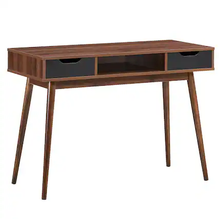 Front. Sugift - Stylish Computer Desk Workstation with 2 Drawers and Solid Wood Legs - Dark Brown.