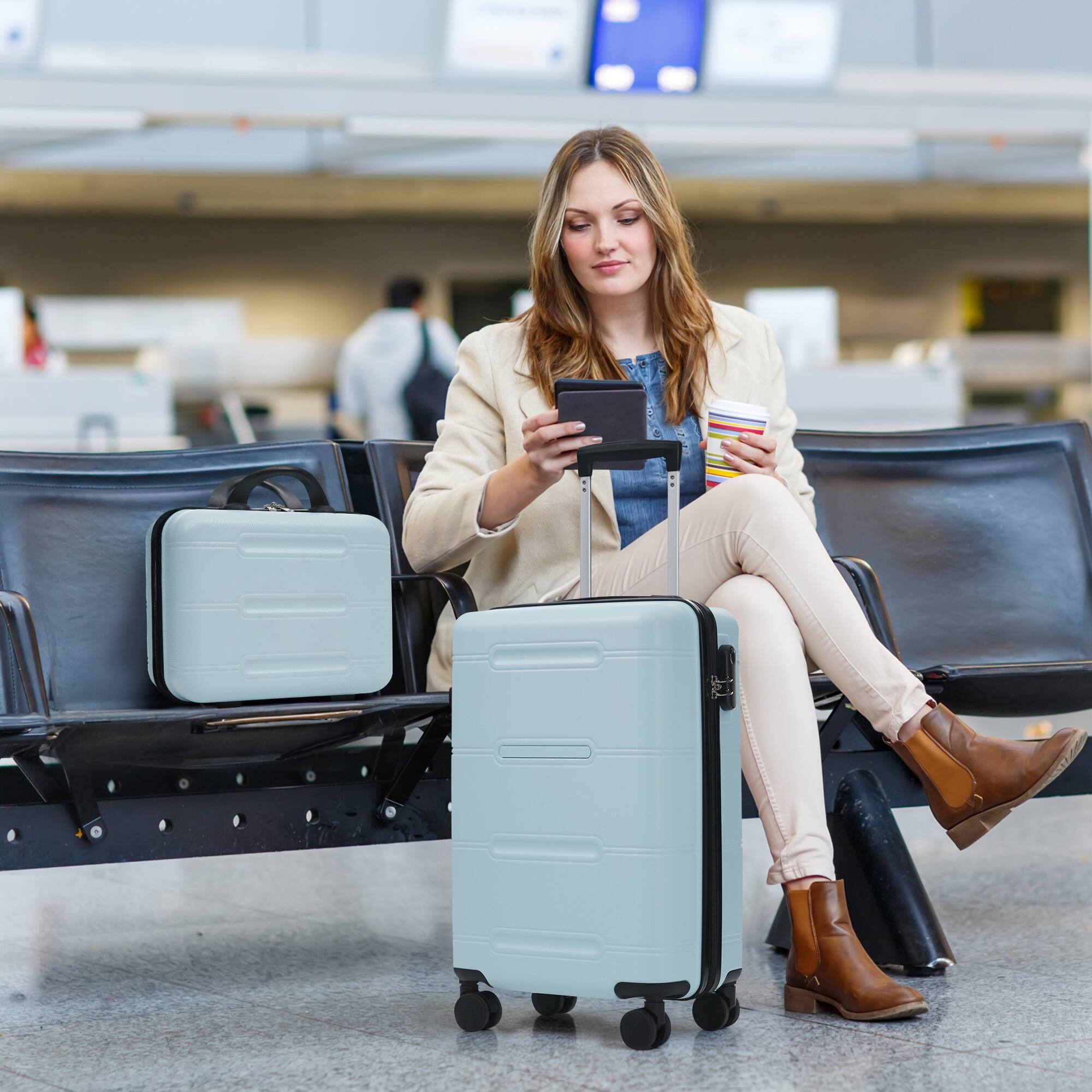 Alt View 1. Ecooso - 6-Piece ABS Hard Shell Luggage Set with Double Spinner Wheels, Password Lock, 14" Case, Duffel & Toiletry Bag - Blue,Green,Pink.