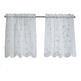 Commonwealth Home Fashions - Habitat Grandeur Sheer Floral Motif and Scalloped Bottom Hem Pole Top Curtain Tiers 52" x 24" - White
