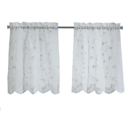 Front. Commonwealth Home Fashions - Habitat Grandeur Sheer Floral Motif and Scalloped Bottom Hem Pole Top Curtain Tiers 52" x 24" White - White.