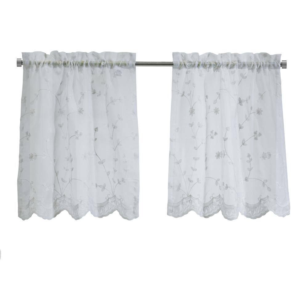 Front. Commonwealth Home Fashions - Habitat Grandeur Sheer Floral Motif and Scalloped Bottom Hem Pole Top Curtain Tiers 52" x 24" White - White.