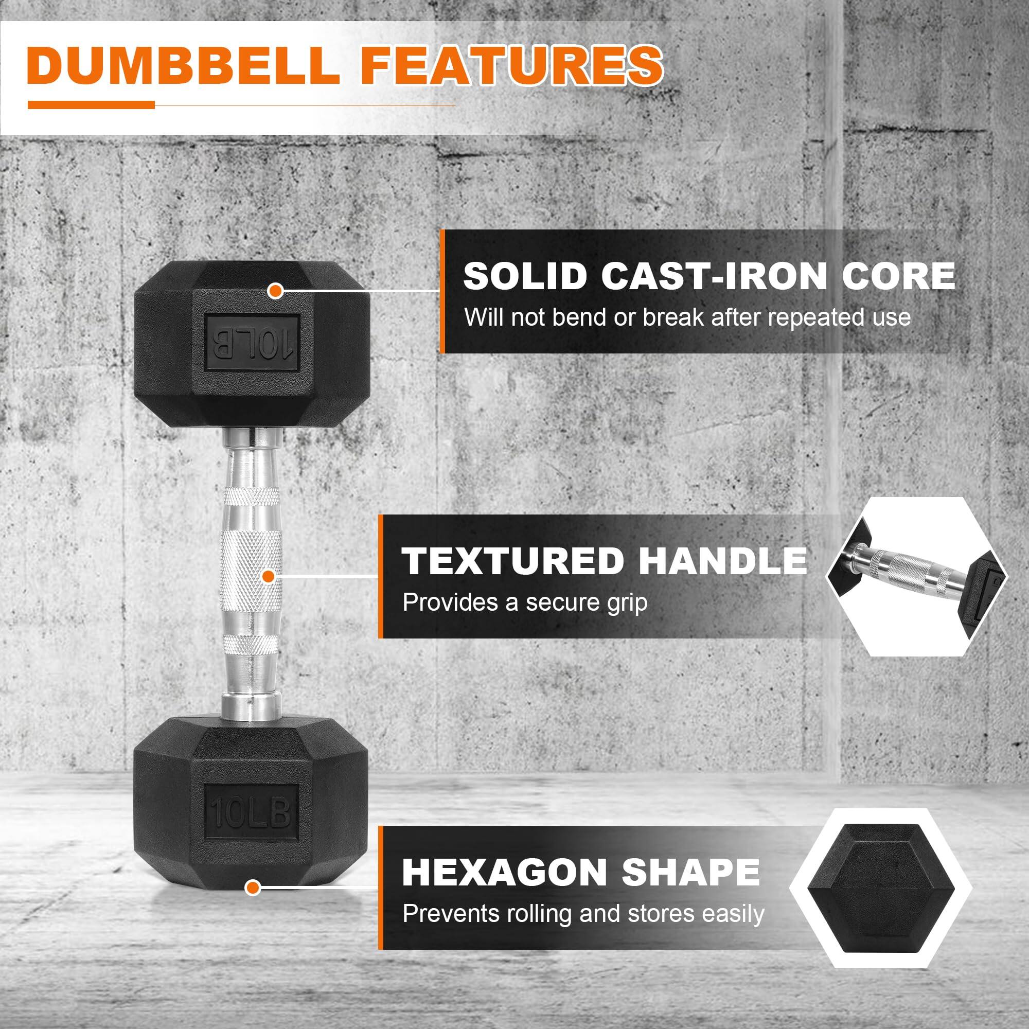 DUMBBELL FEATURES

- SOLID CAST-IRON CORE
  - Will not bend or break after repeated use

- TEXTURED HANDLE
  - Provides a secure grip

- HEXAGON SHAPE
  - Prevents rolling and stores easily
