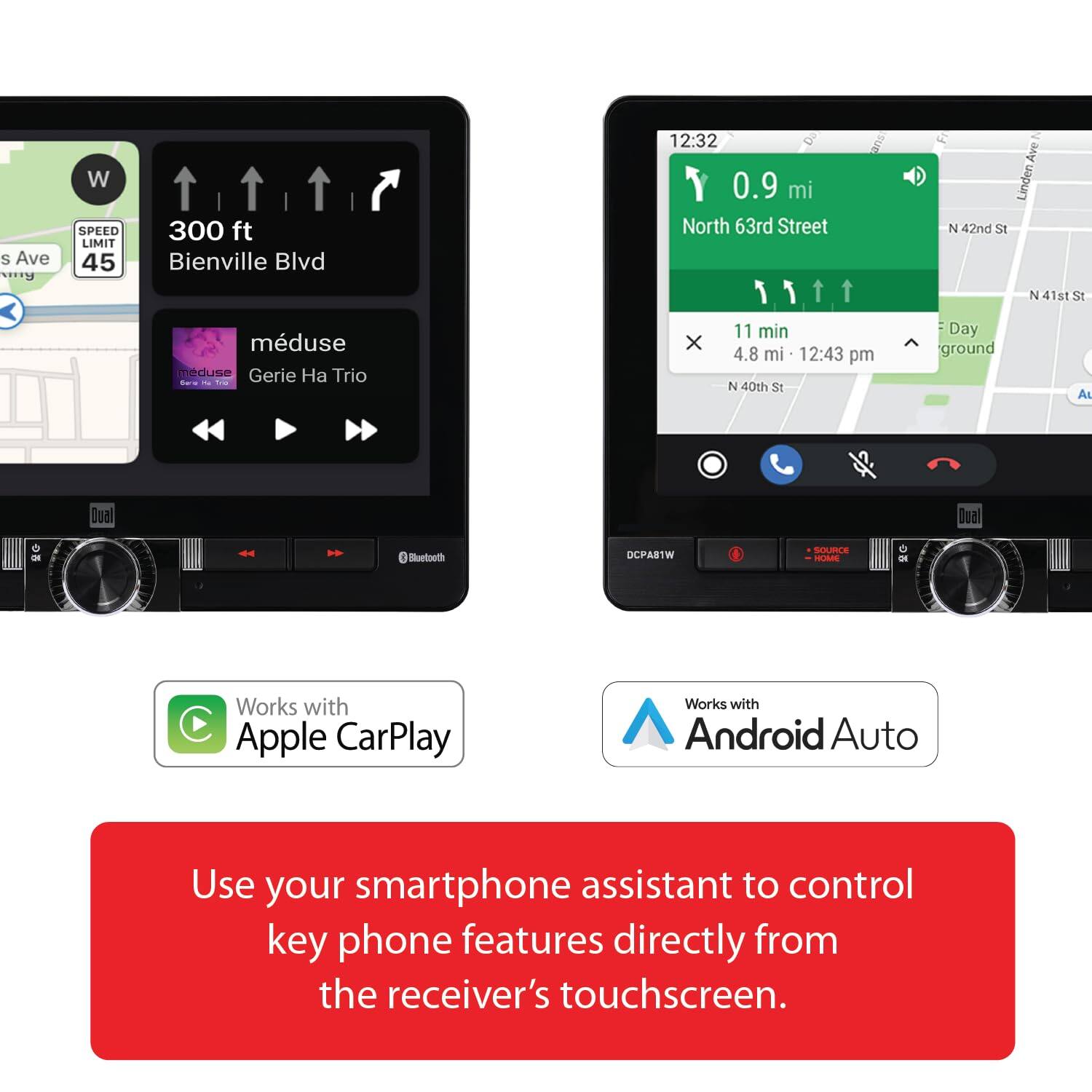 S Ave W SPEED LIMIT 45 300 ft Bienville Blvd 12:32 Do 0.9 mi North 63rd Street sUB 2 Ave Linden N 42nd St N 41st St mduse Meduse Gerie  Trio Sare - C X 11 min 4.8 mi 12:43 pm N 40th St Day ground A Toa Dual Bluetooth OCPASTW SOURCE - - Works with Apple CarPlay Works with Android Auto Use your smartphone assistant to control key phone features directly from the receiver's touchscreen.