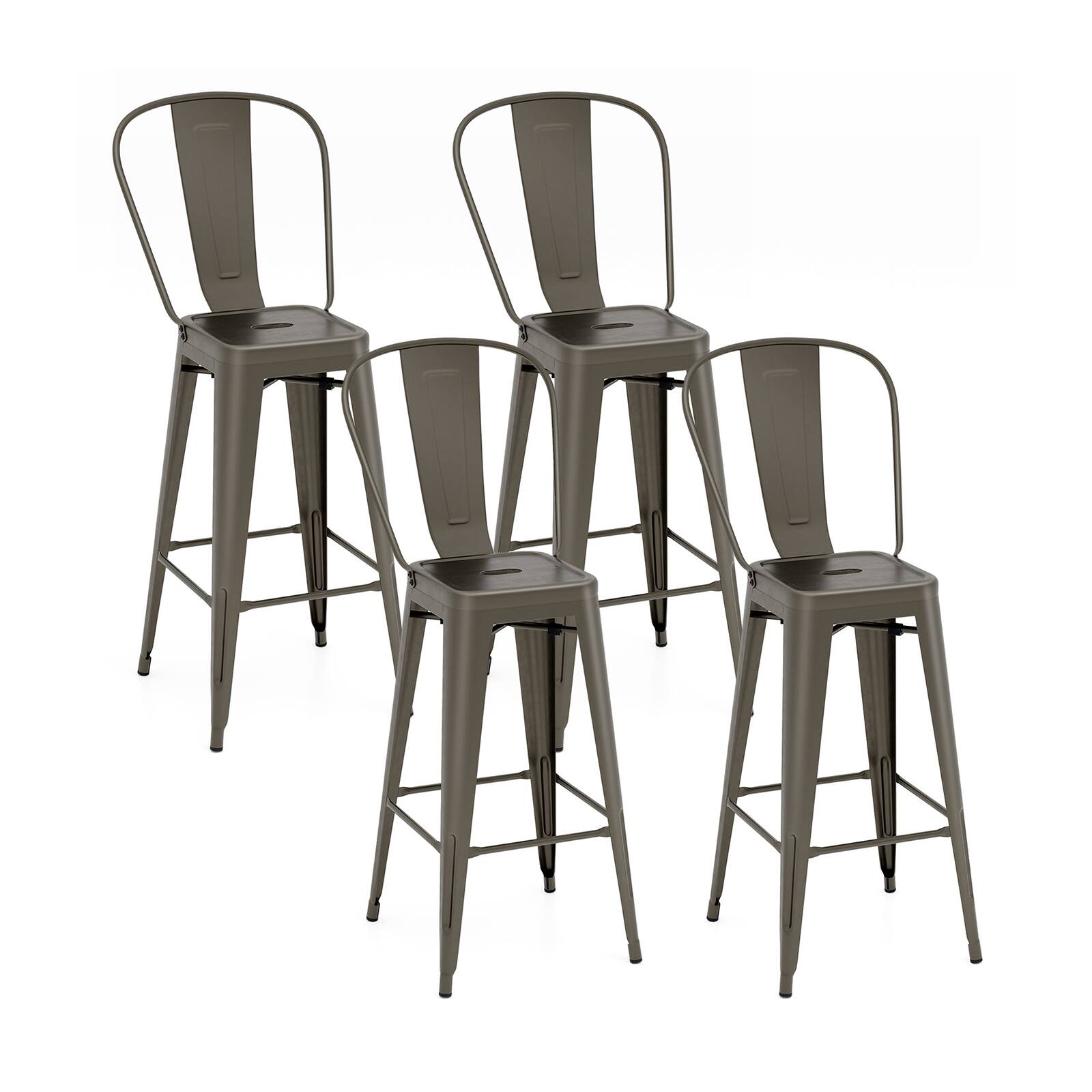 Front. Ecooso - Set of 4 Metal Bar Height Stools Stackable with Removable Backrest for Indoor or Outdoor Use - Gun.