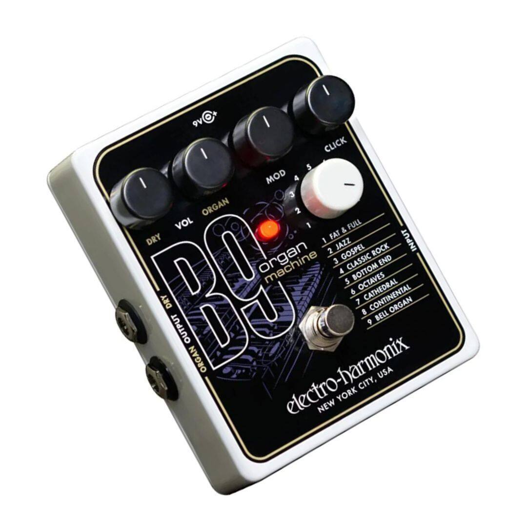 I 9V I I CLICK 5 I MOD 4 - 3 ORGAN 2 VOL 1 & FULL DRY 1 FAT INPUT 2 JAZZ ROCK 3 GOSPEL END machine 4 CLASSIC BOTTOM 5 6 OCTAVES DRY 7 8 CONTINENTAL ORGAN DJ 9 BELL OUTPUT ORGAN electro-harmonix USA CITY, YORK NEW