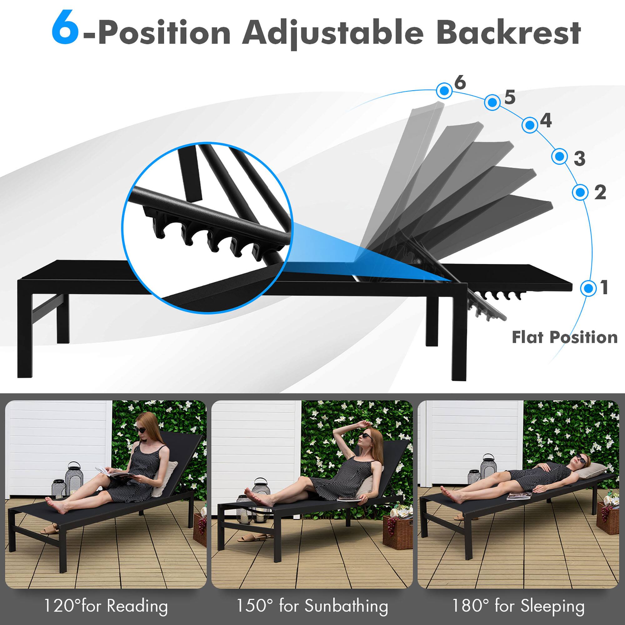6-Position Adjustable Backrest
6 5 4 3 2 1
Flat Position
120° for Reading
150° for Sunbathing
180° for Sleeping