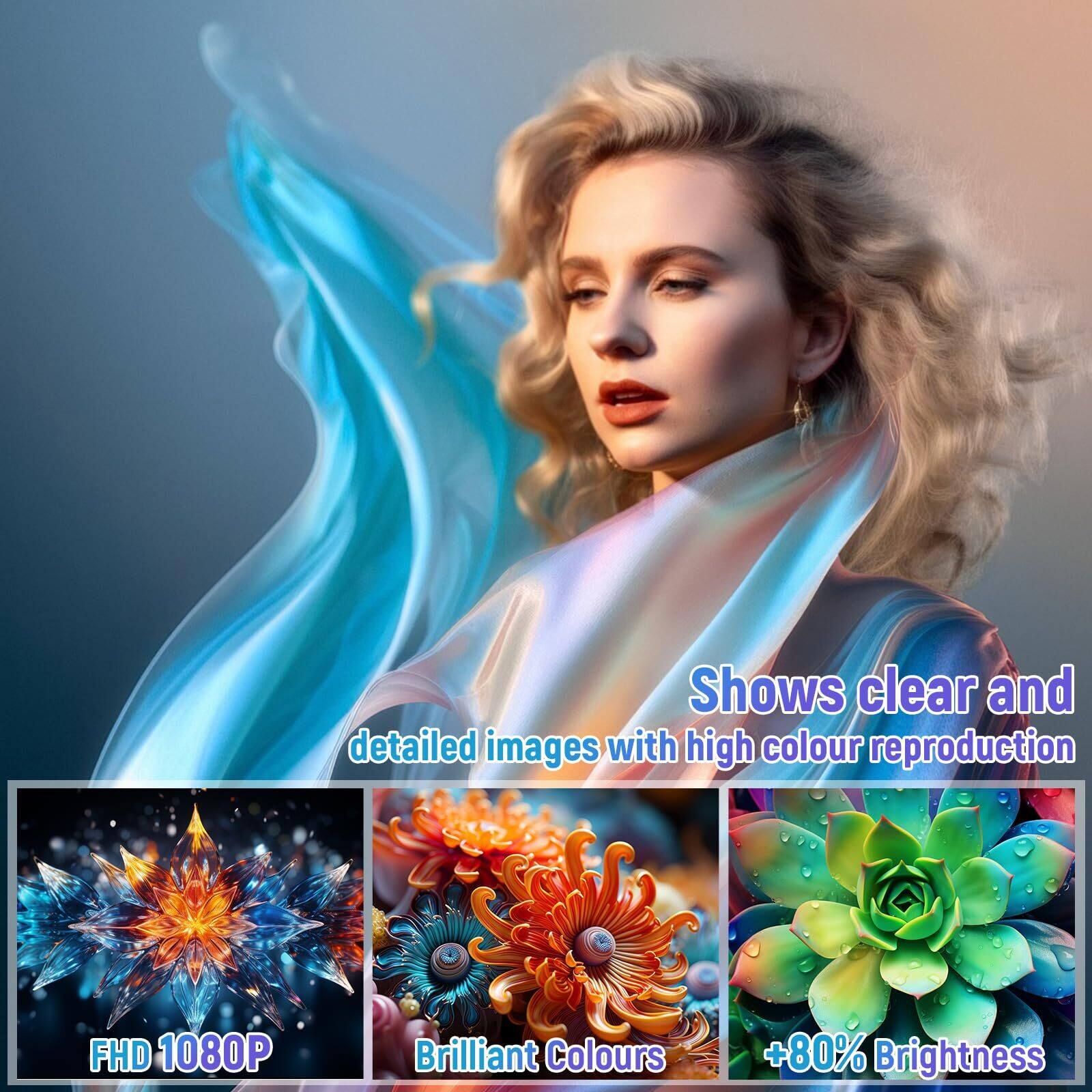 Shows clear and detailed images with high colour reproduction  
FHD 1080P  
Brilliant Colours  
+80% Brightness