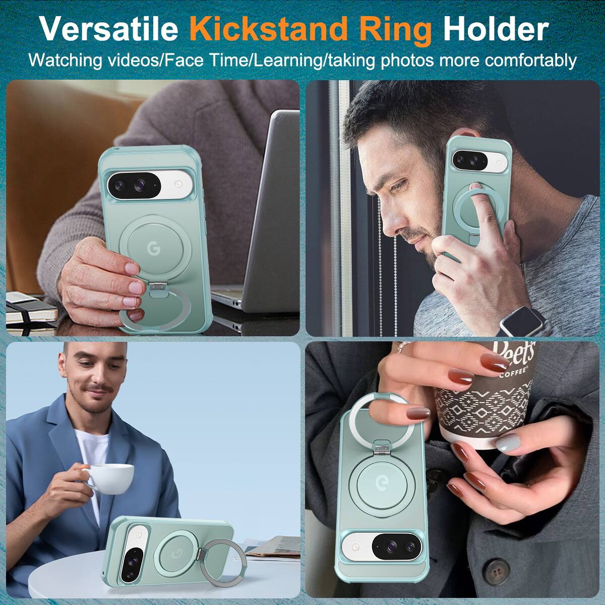 Versatile Kickstand Ring Holder  
Watching videos/Face Time/Learning/taking photos more comfortably