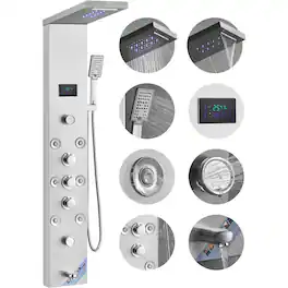 VEVOR - Shower Panel System, 6 Shower Modes, LED & Screen Hydroelectricity Shower Panel Tower,Rainfall,Waterfall, 8 Massage Jets - Silver