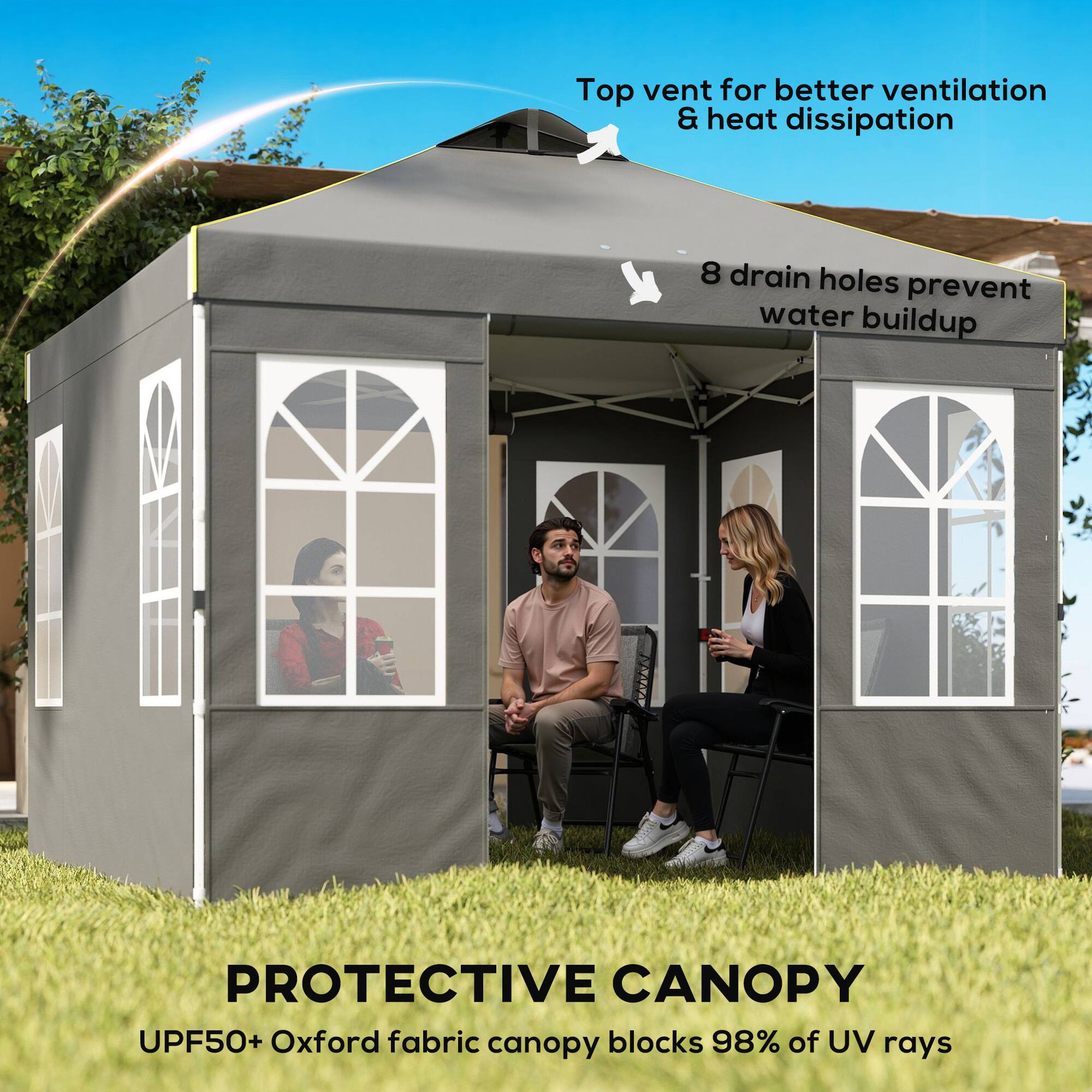 Top vent for better ventilation & heat dissipation  
8 drain holes prevent water buildup  
PROTECTIVE CANOPY  
UPF50+ Oxford fabric canopy blocks 98% of UV rays