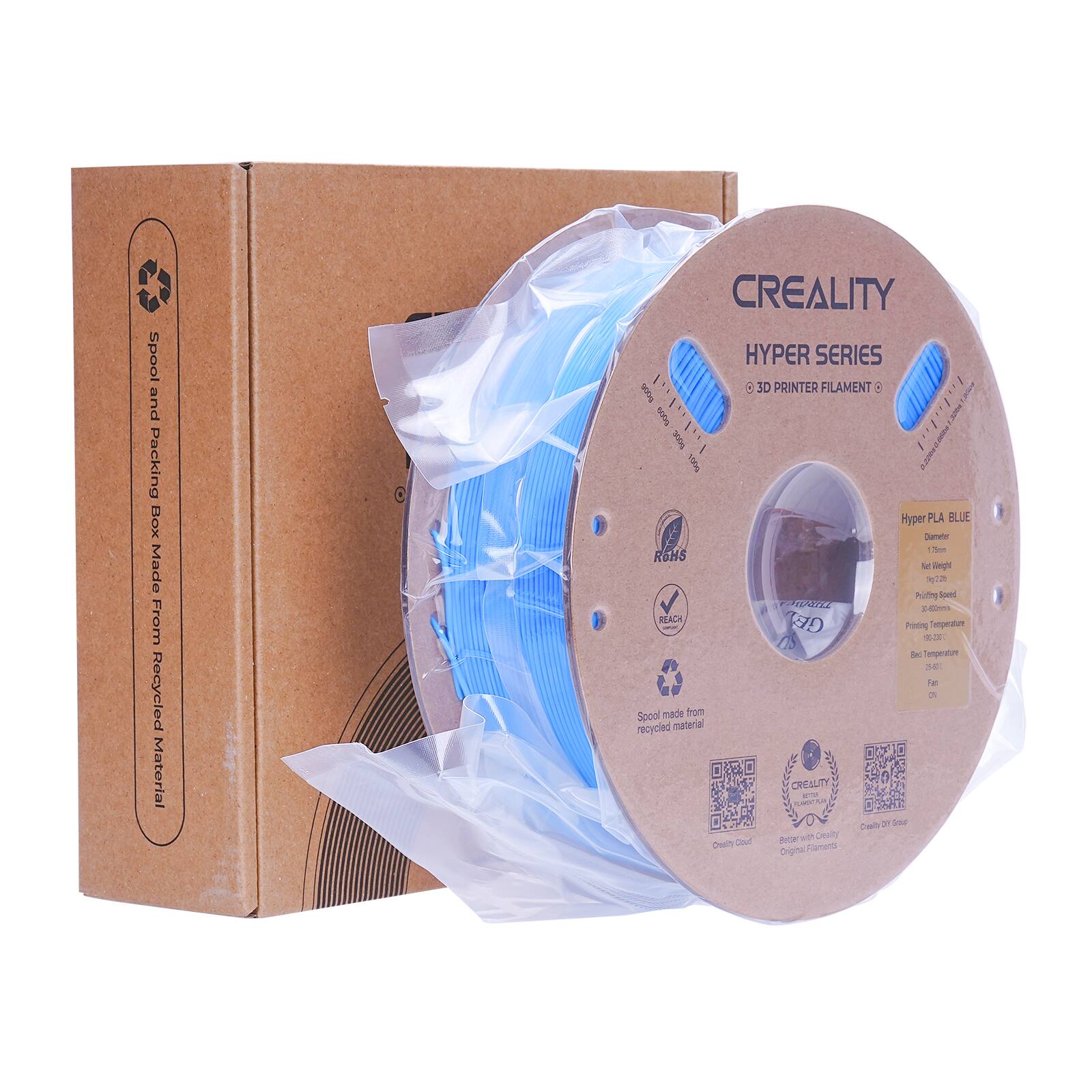 The image features a spool of blue filament made by Creality, which is part of the Hyper Series. The spool is made from recycled materials and is designed for use with 3D printers. The filament is 800m long and comes in a 100g spool. The packaging for the filament is also made from recycled materials, making it an environmentally friendly choice for 3D printing enthusiasts.
