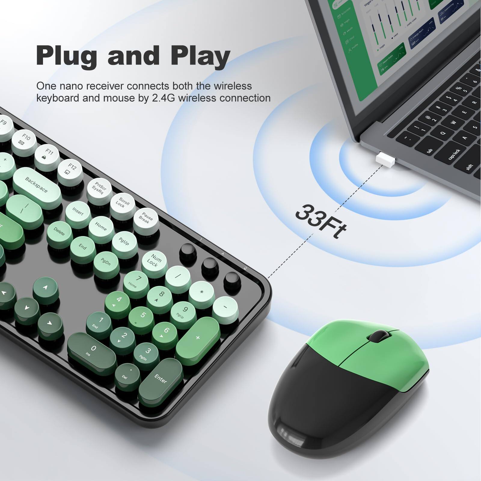 F9 F - A Plug and Play One nano receiver connects both the wireless keyboard and mouse by 2.4G wireless connection F10 20 F11 F12 Backspace Bysita Preter - Lock Zurol - Insert F Break Pause 33Ft Delete Home End PgUp PgDn Lock Num 7 / A sma 8 - 4 a - - Y 9 5 PULIP 1 A End 6 2 > + Y 0 3 - Pa - - F an a - - - in E i - = i um - a A S caprod Rodk e Del Enter