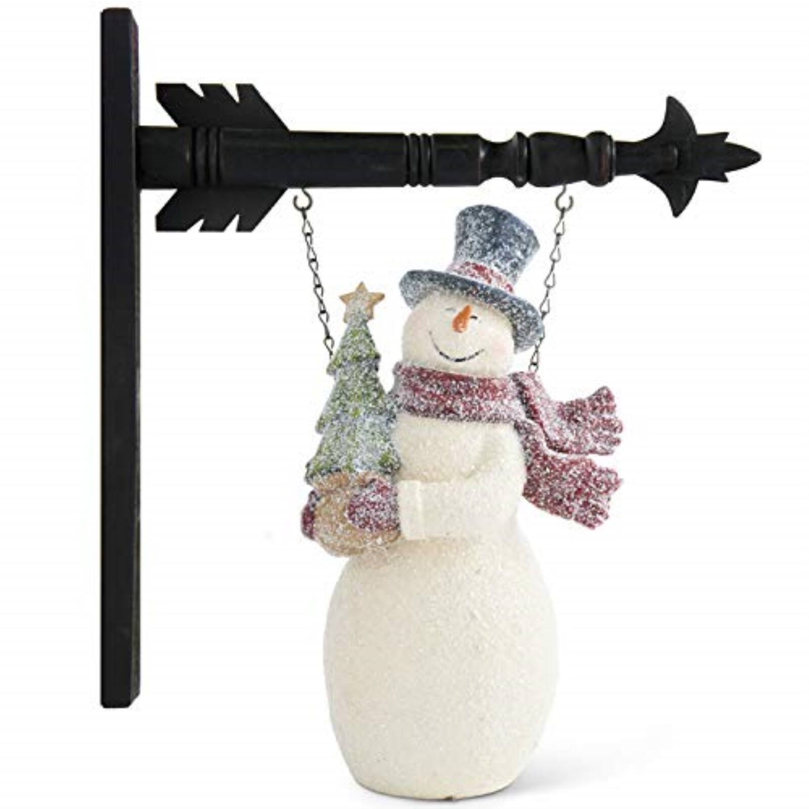 Angle. K&K Interiors - K&K Interiors White Resin Glittered Vintage Snowman Christmas Arrow Replacement Sign 8.75 inch - Arrow Sold Separately - White.