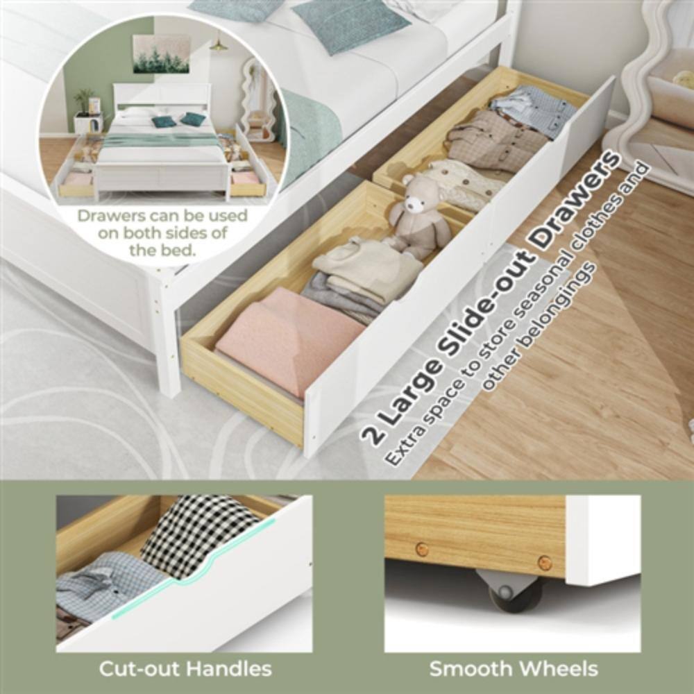 - Drawers can be used on both sides of the bed.
- 2 Large Slide-out Drawers
  - Extra space to store seasonal clothes and other belongings
- Cut-out Handles
- Smooth Wheels