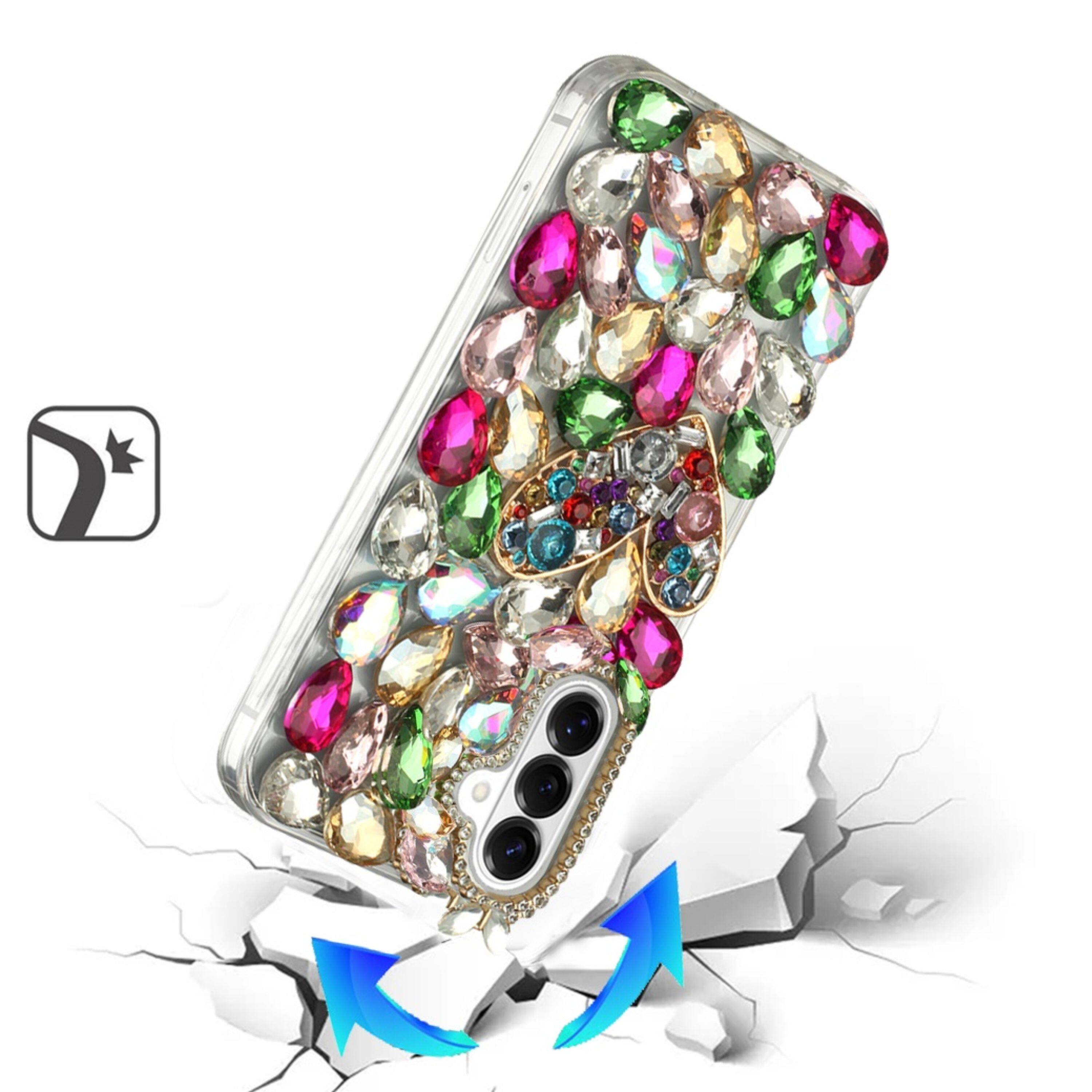 Left. Kitcheniva - Full Diamond Bling 3D Jewel Ornaments Design Phone Case With Tempered Glass For Samsung S26 Ornaments With Heart - Multicolor.
