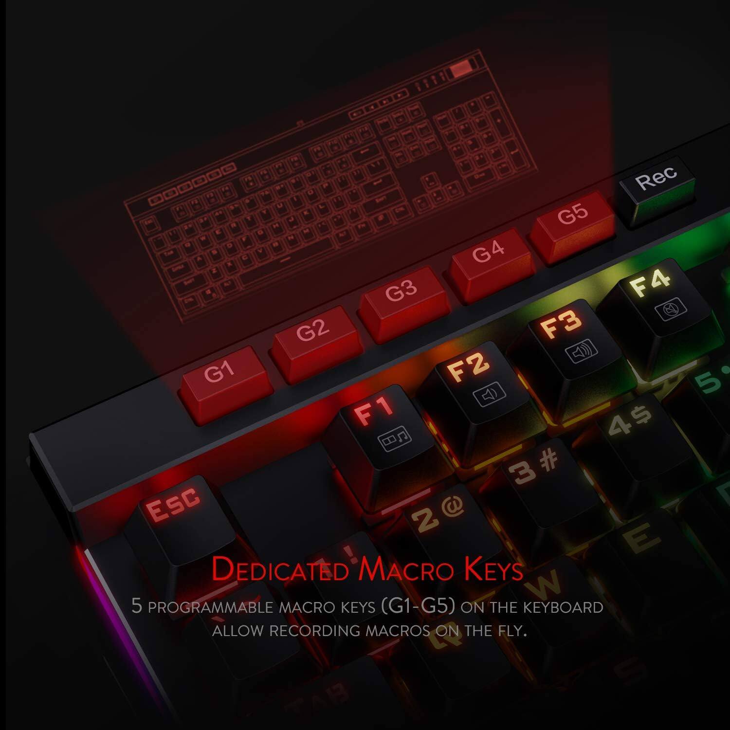 0000 Une Rec L DE # H G5 M 0 G4 Z G3 F4 G2 F3 G1 F2 5' F1 4$ 3# ESC 2 E DEDICATED MACRO KEYS 5 PROGRAMMABLE MACRO KEYS (G1-G5) ON THE KEYBOARD ALLOW RECORDING MACROS ON THE FLY.