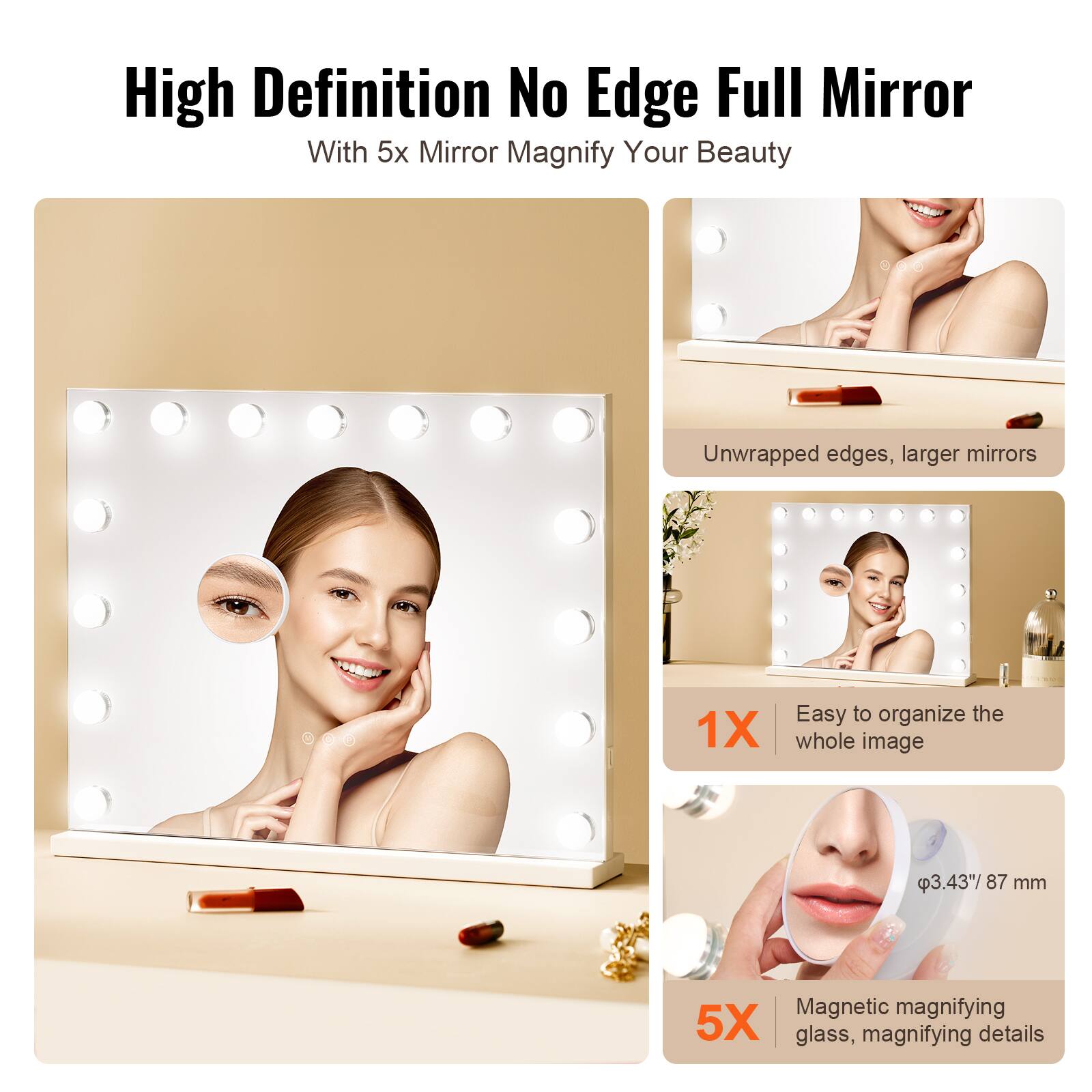 High Definition No Edge Full Mirror  
With 5x Mirror Magnify Your Beauty  

Unwrapped edges, larger mirrors  

1X  
Easy to organize the whole image  

5X  
Magnetic magnifying glass, magnifying details  

φ3.43" 87 mm