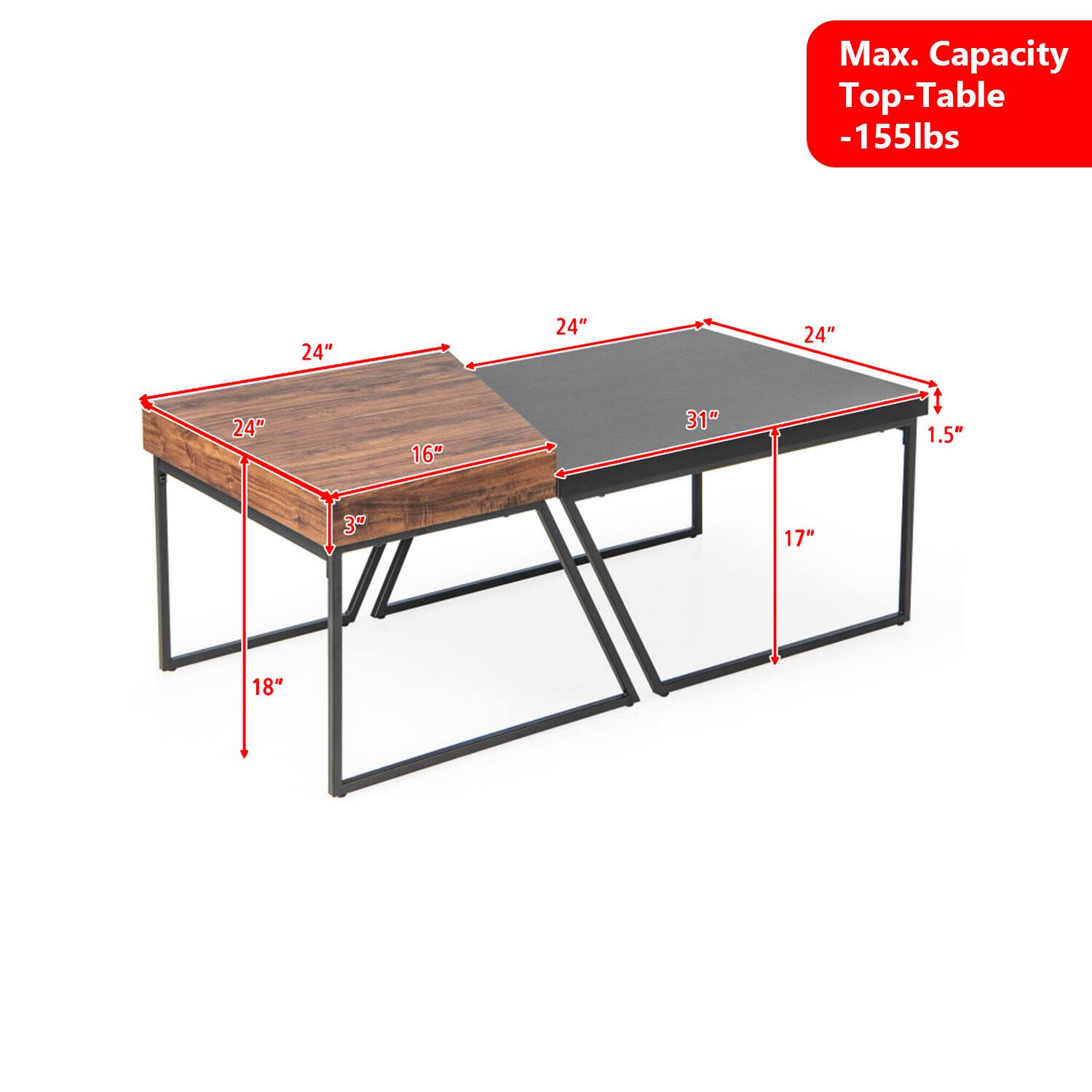 Max. Capacity Top-Table -155lbs  
24" x 24" x 16"  
31" + 1.5"  
3"  
17"  
18"