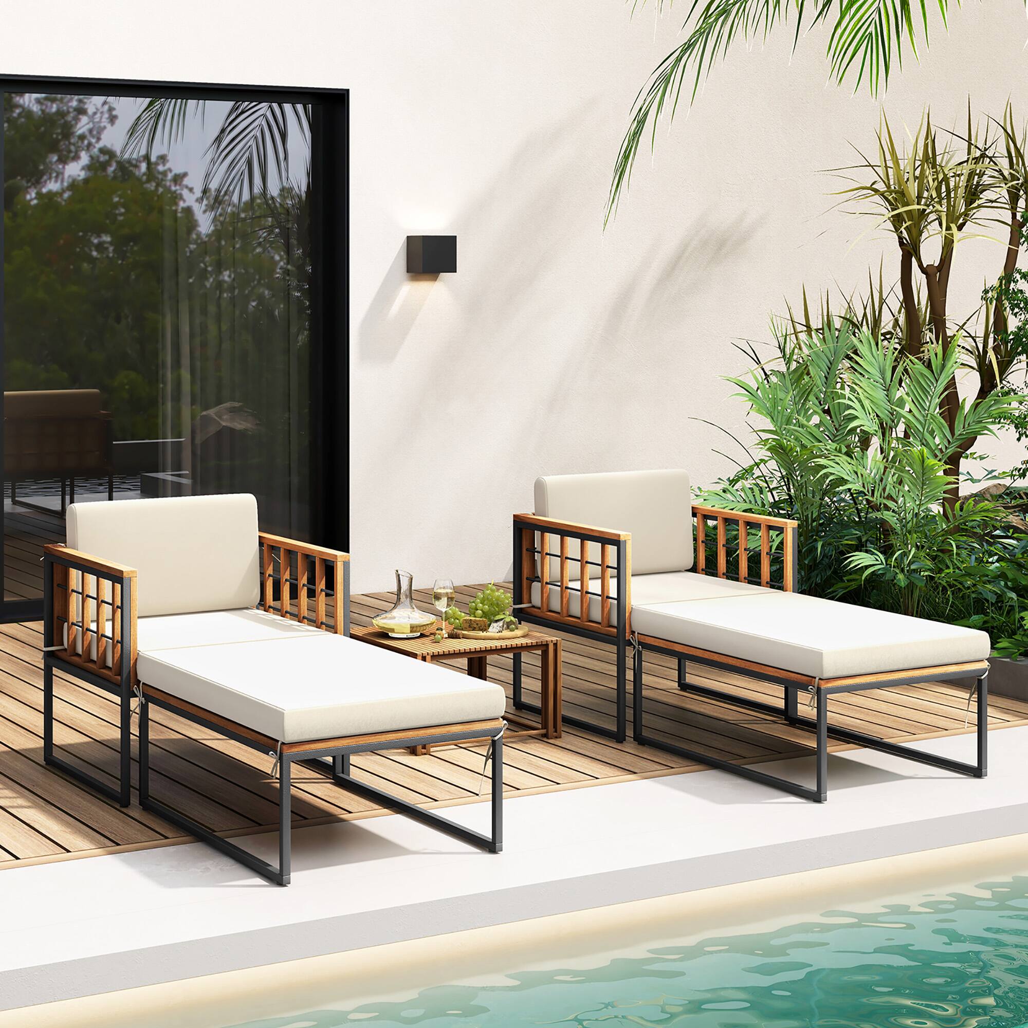 Alt View 1. Gymax - Gymax 2PCS Outdoor Chaise Lounge Chair Acacia Wood Heavy Duty 1200 lbs Weight Capacity - Beige.