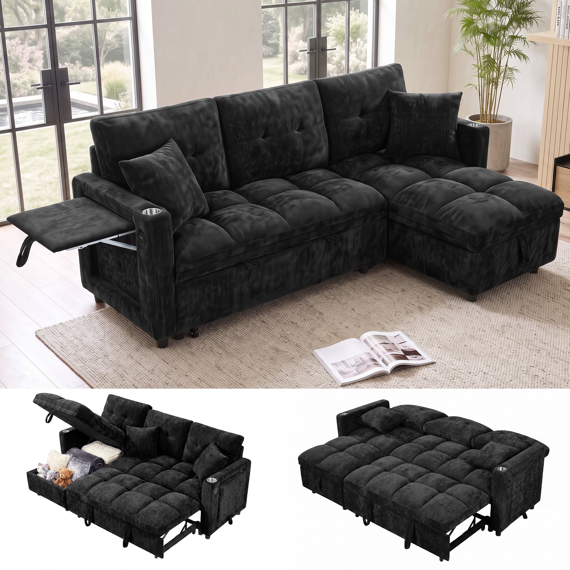 Anysun - Convertible Plush Sectional Sleeper Sofa with Pull-Out Couch Bed, Cloud Couch with Storage Chaise & USB Charging - Black price history on PriceWatchPro
