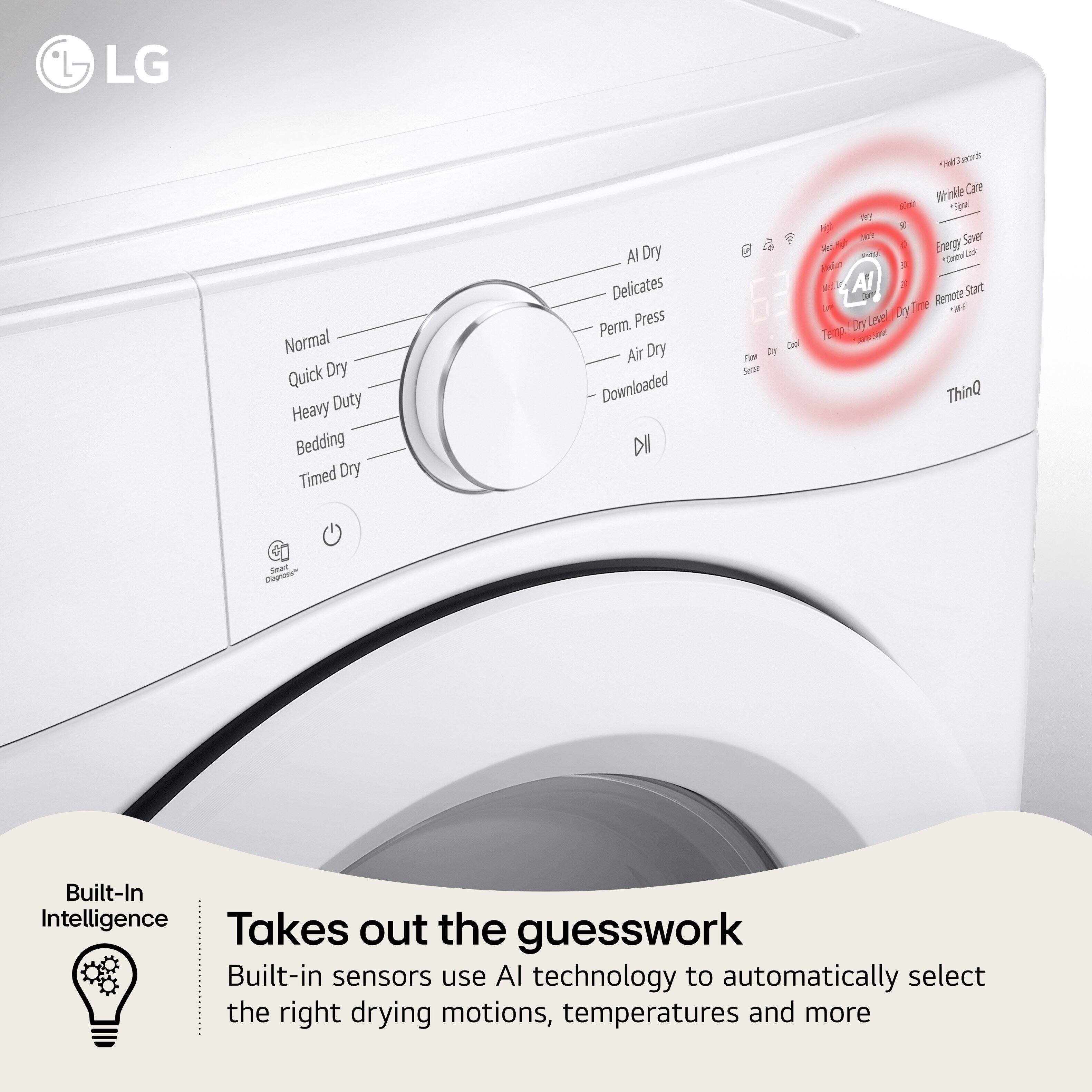 LG Normal Quick Dry Heavy Duty Bedding Timed Dry AI Dry Delicates Perm. Press Air Dry Downloaded DI A Conl For by Sear AA o Winke Care de "S WT M - Saver iNd Energy Conel Al Stat 2 Remete dy -d TH Dryten Dr ThinQ Seat o" Built-In Intelligence Takes out the guesswork Built-in sensors use AI technology to automatically select the right drying motions, temperatures and more