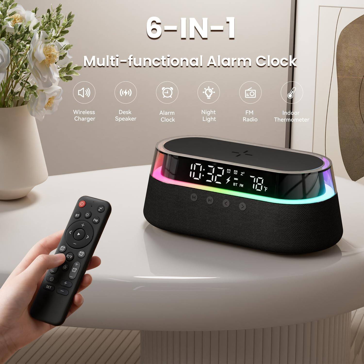 6-IN-1 Multi-functional Alarm Clock Wireless Charger Desk Speaker Alarm Clock Night Light FM Radio Indoor Thermometer