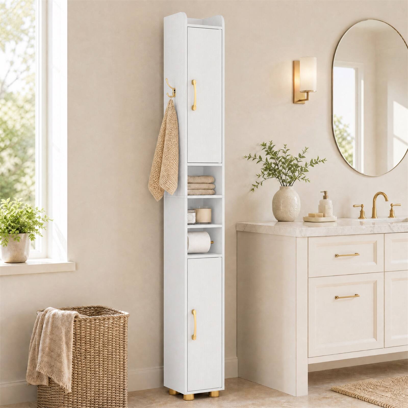 Alt View 5. Costway - Costway 2 PCS Narrow Bathroom Storage Cabinet with Doors 2 Open Shelves Toilet Paper Holder - White.