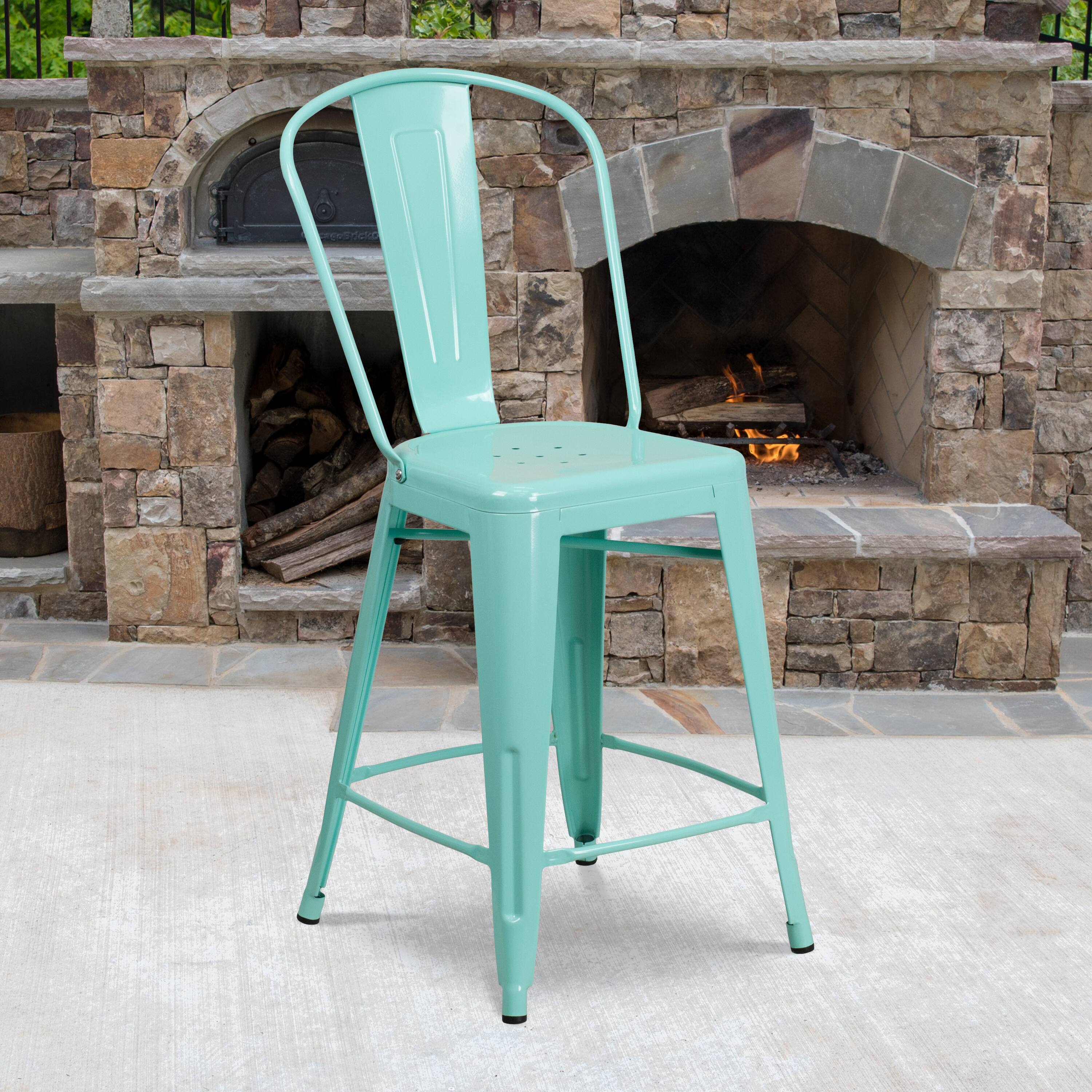 Alt View 2. Emma + Oliver - Commercial Grade 4 Pack 24" High Metal Indoor-Outdoor Counter Height Stool with Back - Mint Green.