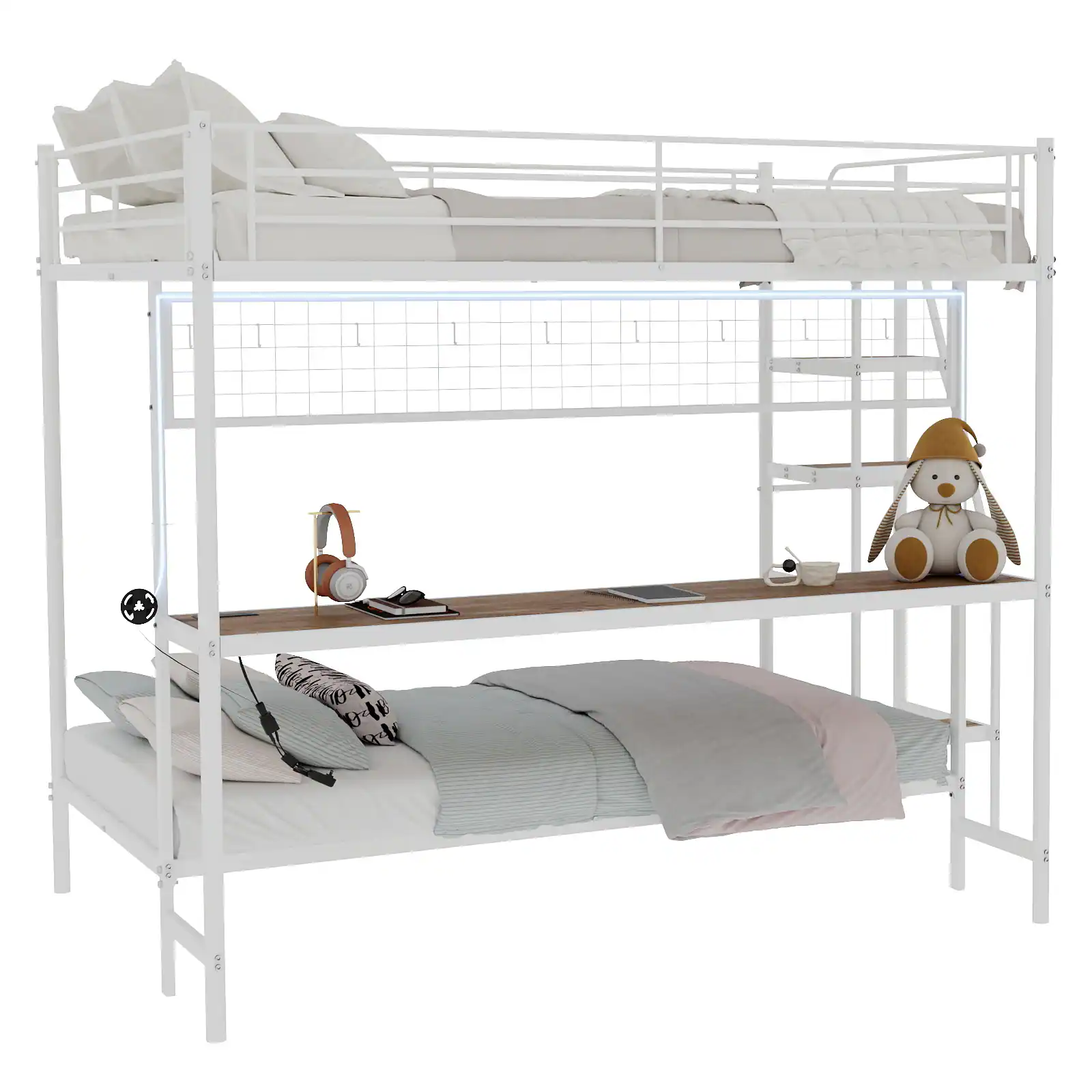 Alt View 6. Loheer - Loheer White Metal Bunk Bed with Desk Full Over Twin Space Saving Loft Bed with LED Lights for Teens - Ancient White.