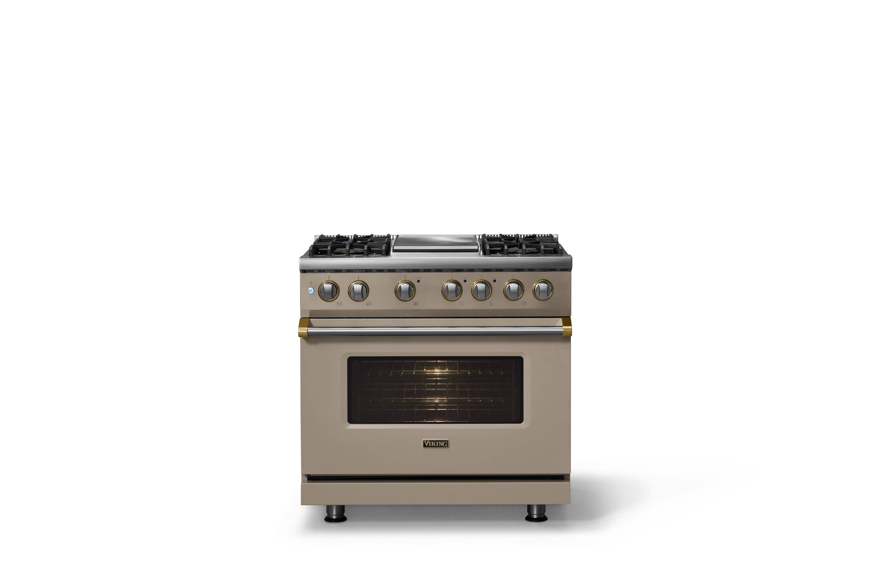 Alt View 1. Viking - 36"W. Pro5S 5.6 Cu. Ft. Freestanding Self-Clean Sealed 4B Dual Fuel Convection Range/Grdl-Nantucket/Brushed Brass - Nantucket.