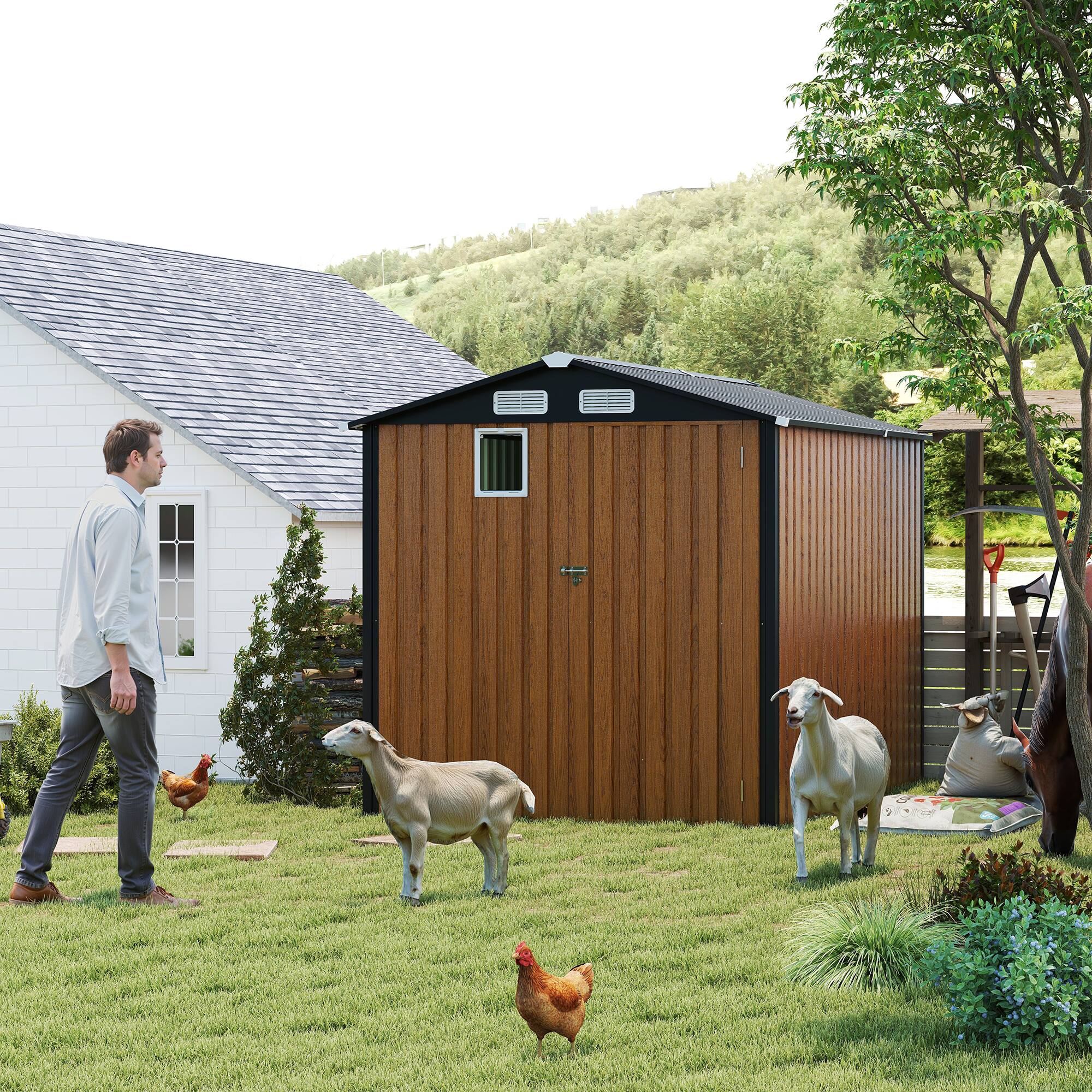 Back. Mondawe - 6x8FT Outdoor Steel Storage Shed with Clear Window and Lockable Doors - Brown.