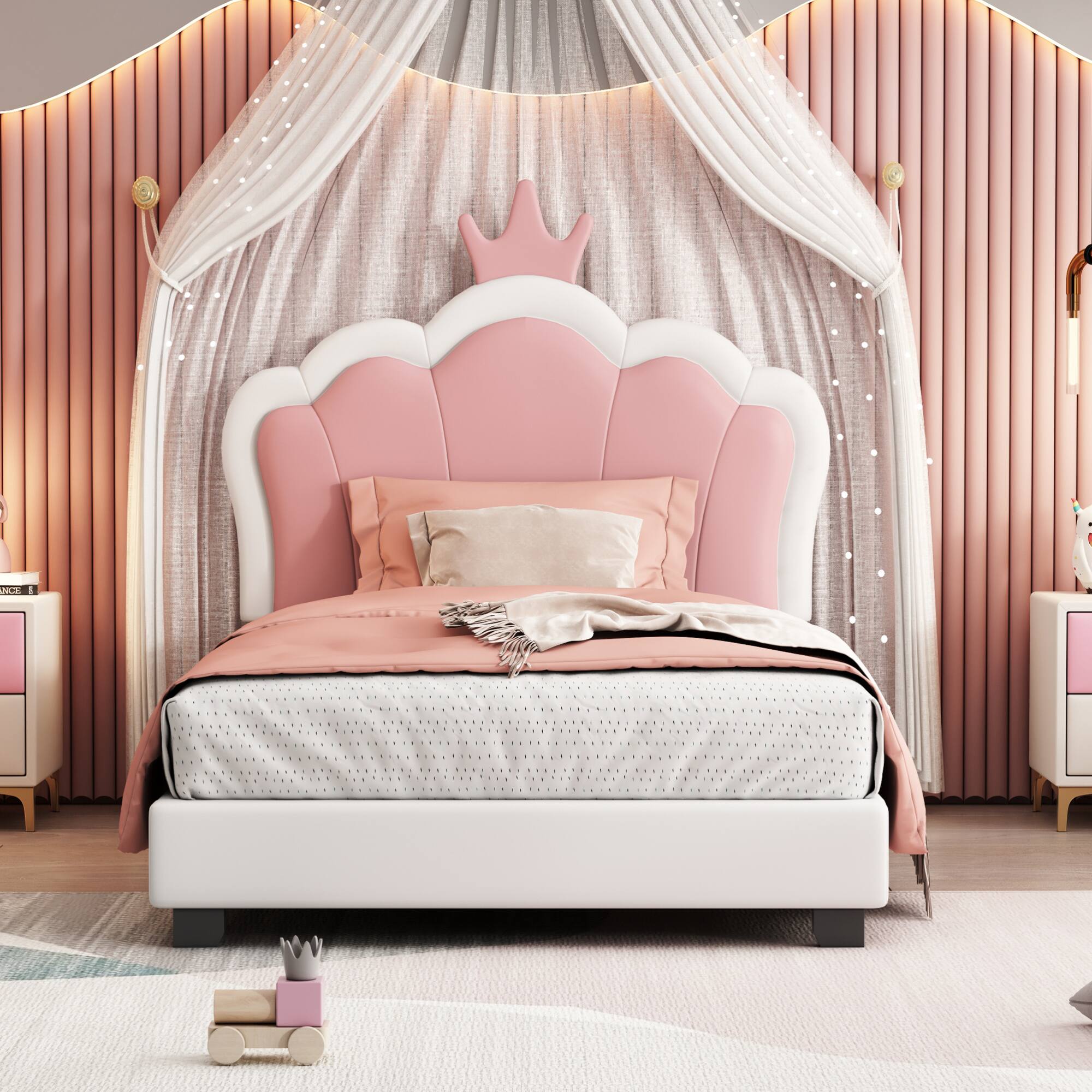 Angle. GOODSILO - Twin Size Crown Headboard Upholstered Platform Bed with Headboard and Footboard for Girls Bedroom - Cream.