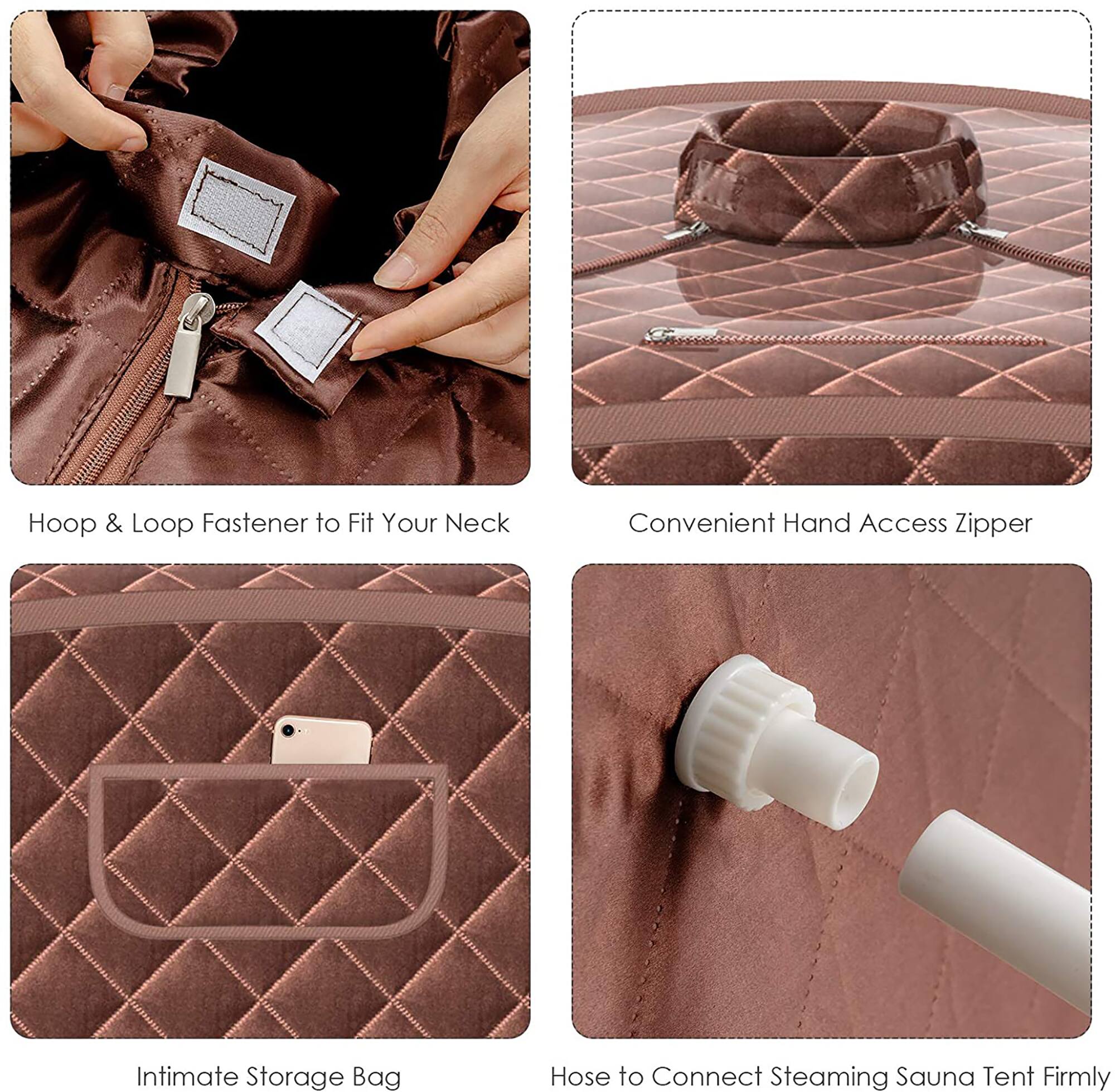The text on the image is grouped and corrected as follows:

1. Hoop & Loop Fastener to Fit Your Neck
2. Convenient Hand Access Zipper
3. Intimate Storage Bag
4. Hose to Connect Steaming Sauna Tent Firmly