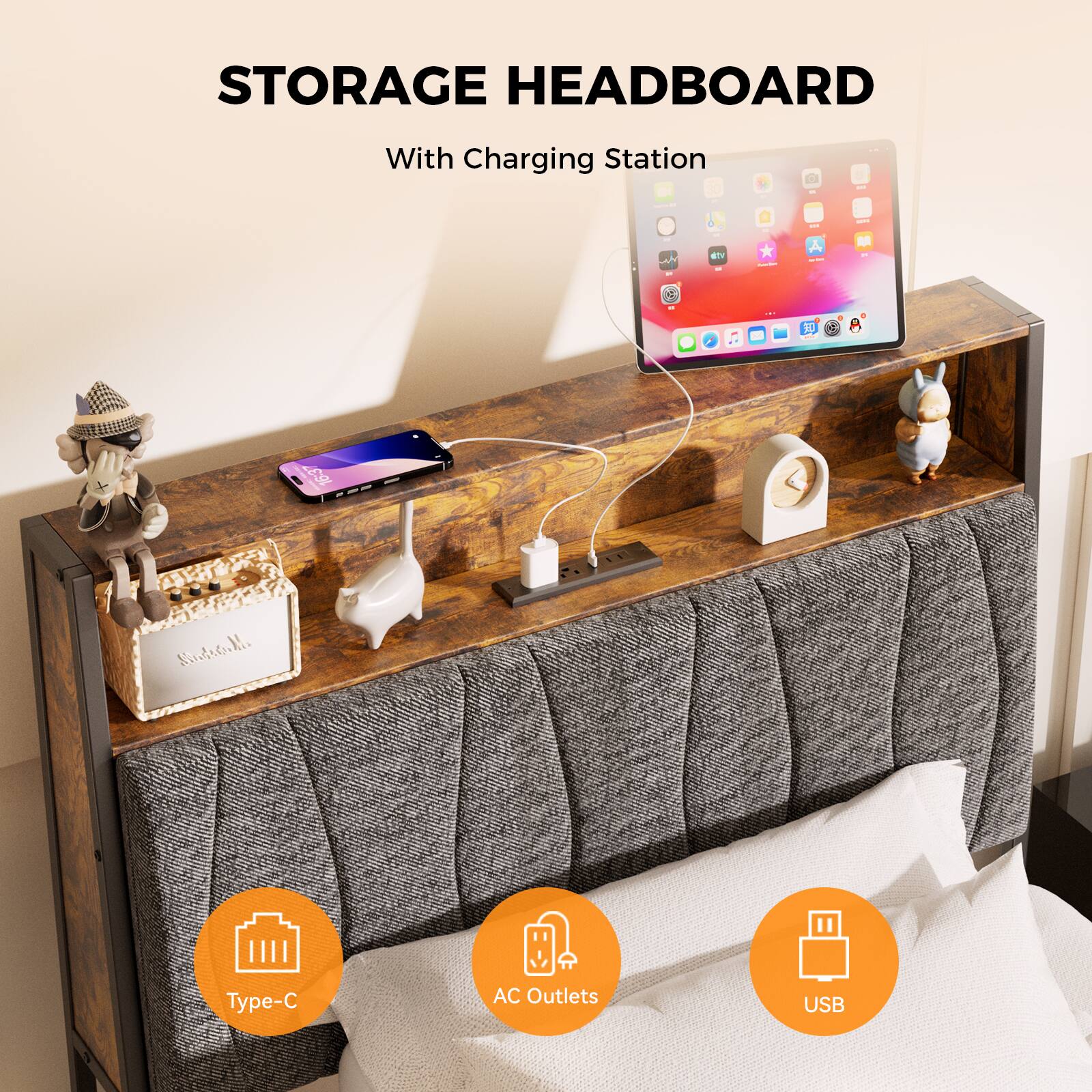 STORAGE HEADBOARD With Charging Station | Type-C | AC Outlets | USB