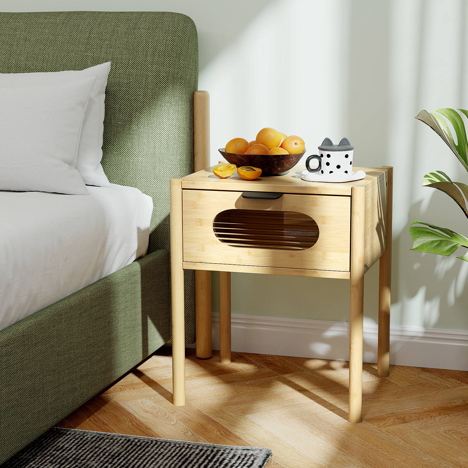 Angle. SlickBlue - Square Tall Wicker Nightstand with Decorative Drawer – Chic End Table for Home Spaces - Natural.