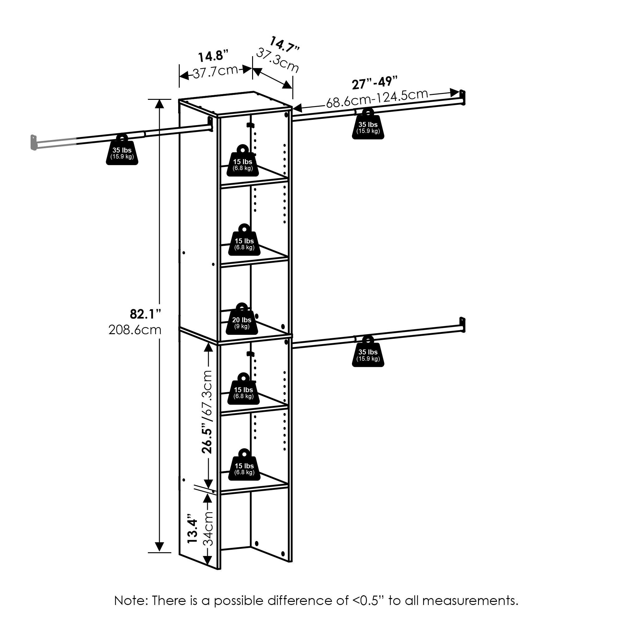 14.8" (37.7 cm)  
14.7" (37.3 cm)  
27" - 49" (68.6 cm - 124.5 cm)  
82.1" (208.6 cm)  
13.4" (34 cm)  
26.5" / 67.3 cm / 67.3 cm  
35 lbs (15.9 kg)  
15 lbs (6.8 kg)  
20 lbs (9 kg)  

Note: There is a possible difference of <0.5" to all measurements.