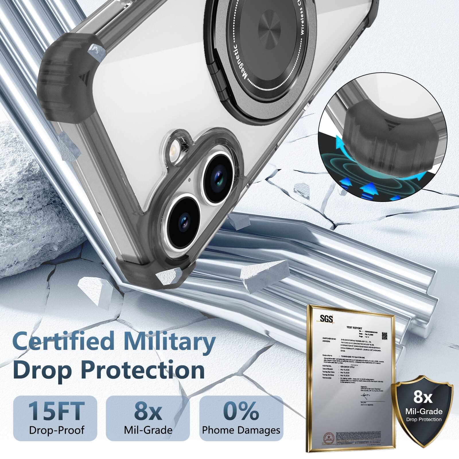 A Magnetic Wireless Certified Military Drop Protection 15FT 8x 0% Drop-Proof Mil-Grade Phone Damages SGS FeeT - 8x Mil-Grade Drop Protection