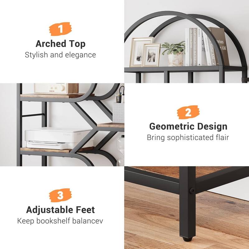 1. Arched Top  
   Stylish and elegance  

2. Geometric Design  
   Bring sophisticated flair  

3. Adjustable Feet  
   Keep bookshelf balance