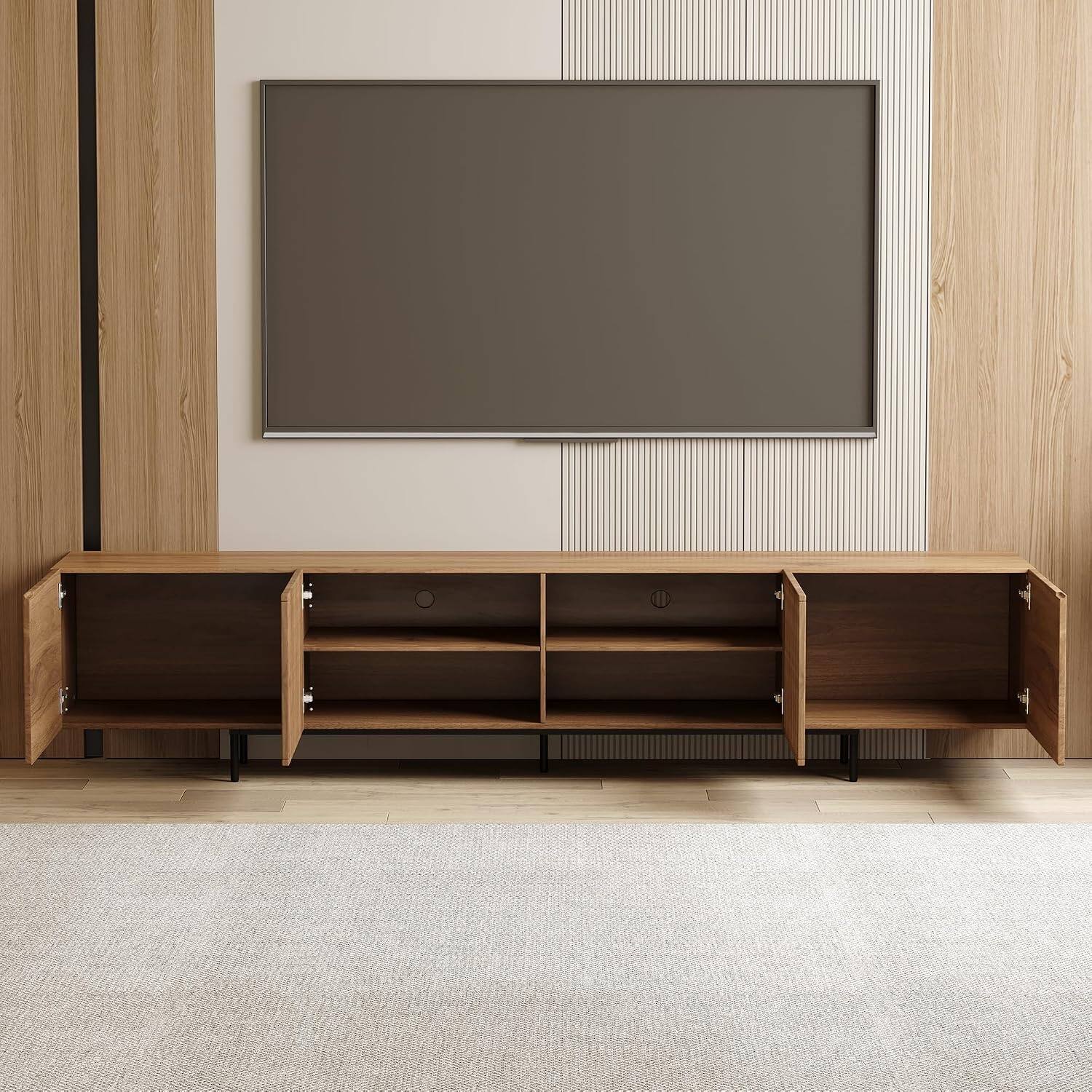 Alt View 3. luck idea - 94.48" Mid-Century Modern TV Stand for 80"+ TVs, Walnut Wood Media Console, Entertainment Center with Ample Storage for - BROWN.
