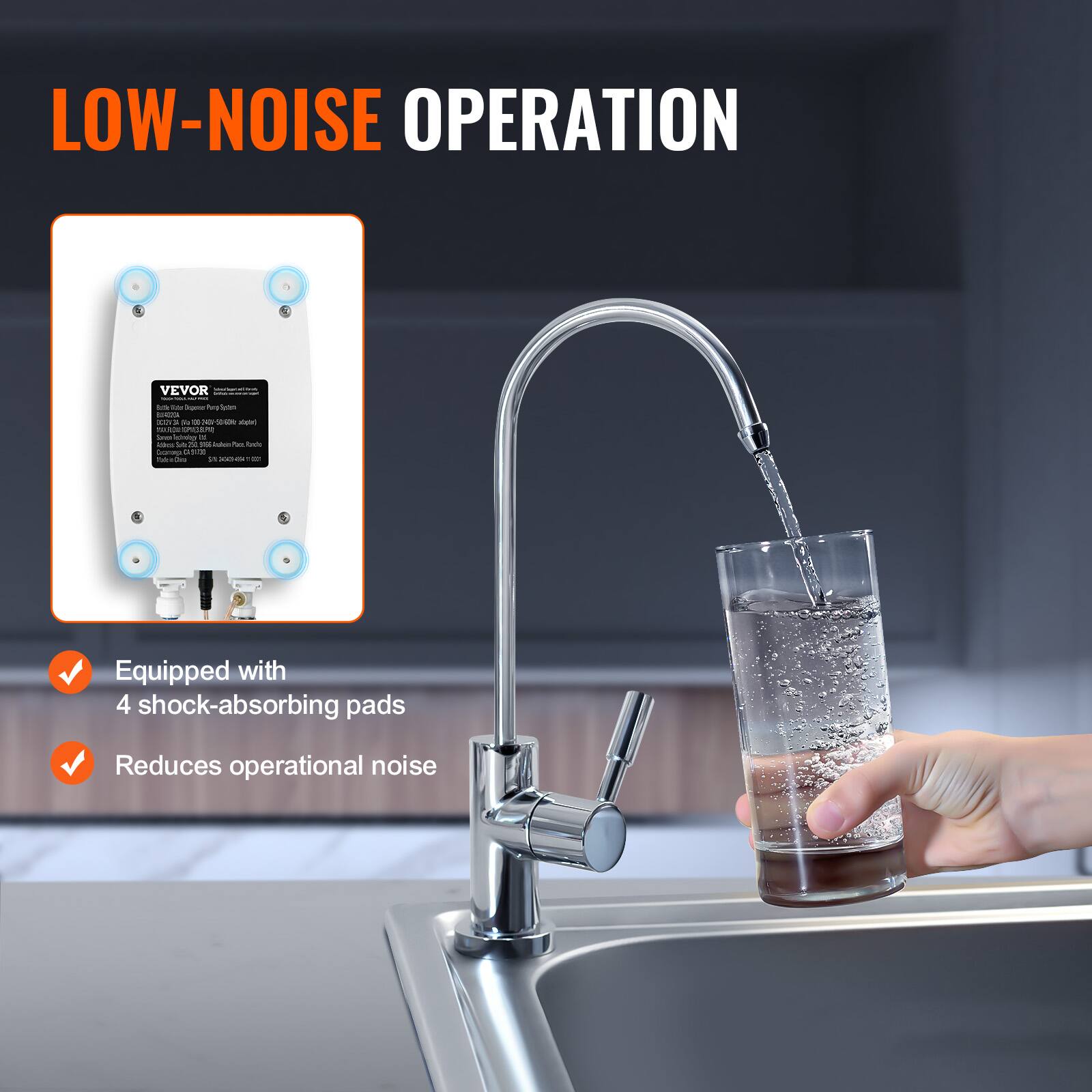LOW-NOISE OPERATION

VEVOR

the Mr Import Pura sizes ADOSHIE ICONSA of to 10 were able) INFORMANDER Ins blog be No:14:12:250 below E Ranche barep, CASTOO NabaleCana $1.000454

Equipped with 4 shock-absorbing pads
Reduces operational noise
