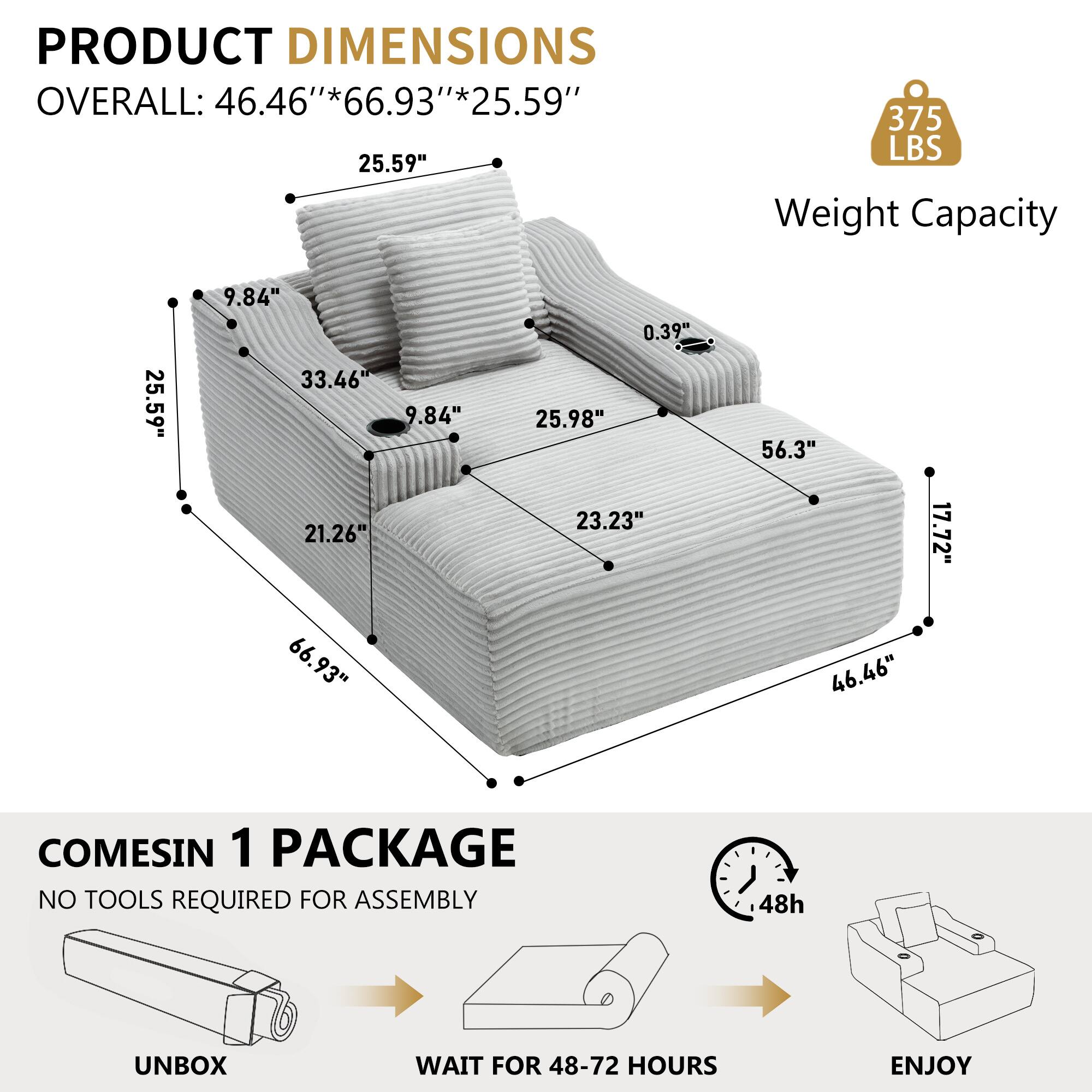 PRODUCT DIMENSIONS  
OVERALL: 46.46" * 66.93" * 25.59"  

Weight Capacity: 375 LBS  

COMES IN 1 PACKAGE  
NO TOOLS REQUIRED FOR ASSEMBLY  
UNBOX  
WAIT FOR 48-72 HOURS  
ENJOY