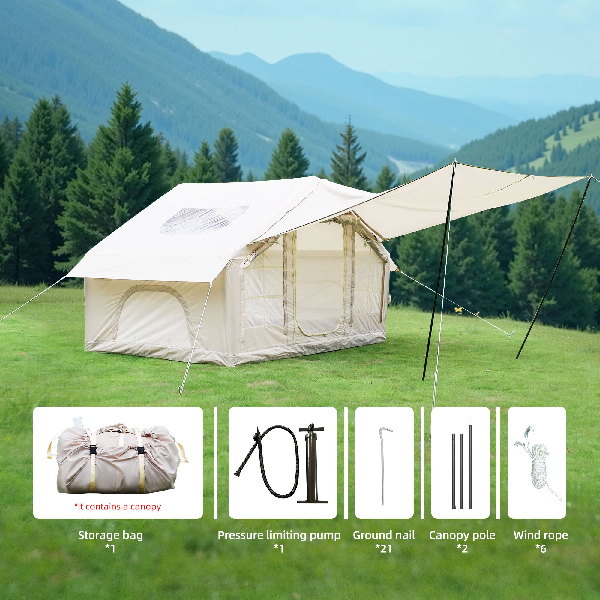 - It contains a canopy
- Storage bag *1
- Pressure limiting pump *1
- Ground nail *21
- Canopy pole *2
- Wind rope *6
