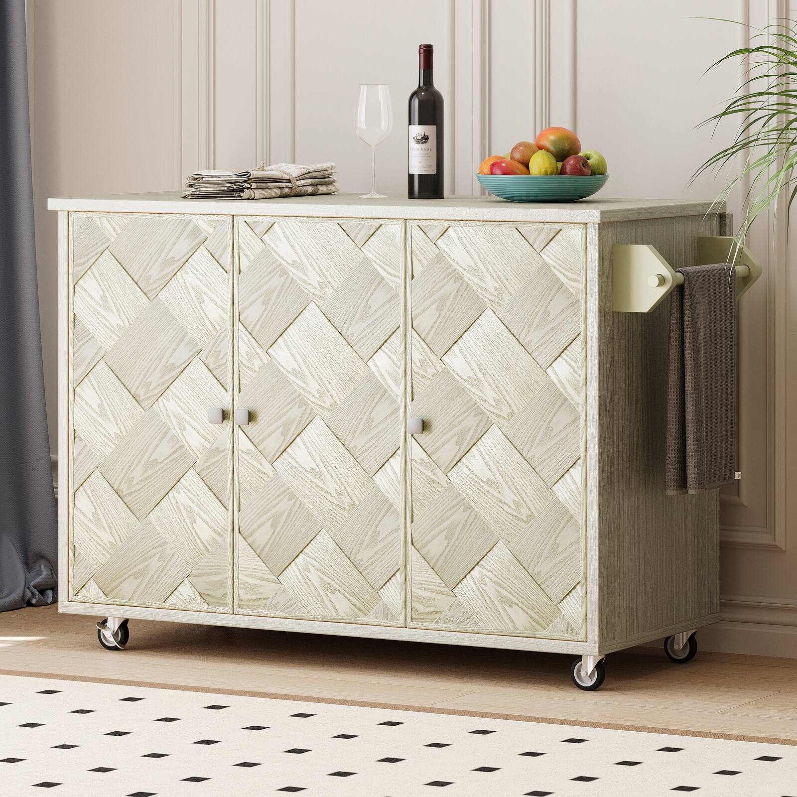 Back. Spaco - Spaco 51.2" Kitchen Island Cart with Drop Leaf, Handwoven Doors, Locking Casters, Internal Storage Rack, Solid Wood - Champagne.