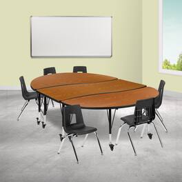 Emma + Oliver - Mobile 86" Oval Wave Collaborative Laminate Activity Table Set with 14" Student Stack Chairs, Grey/Black - Oak